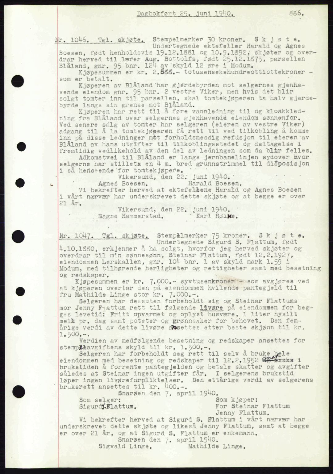 Eiker, Modum og Sigdal sorenskriveri, SAKO/A-123/G/Ga/Gab/L0041: Mortgage book no. A11, 1939-1940, Diary no: : 1046/1940