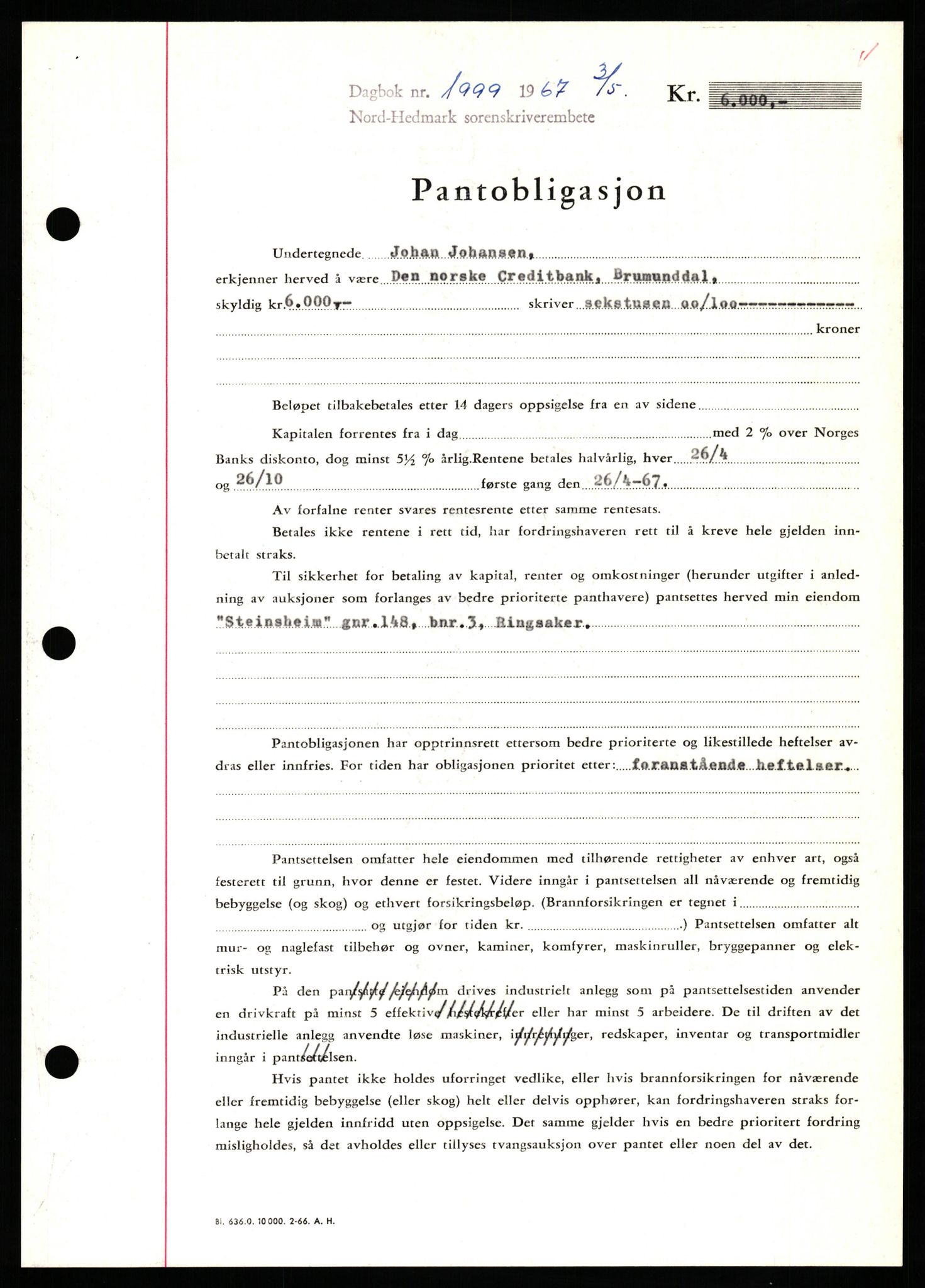 Nord-Hedmark sorenskriveri, SAH/TING-012/H/Hb/Hbf/L0071: Mortgage book no. B71, 1967-1967, Diary no: : 1999/1967