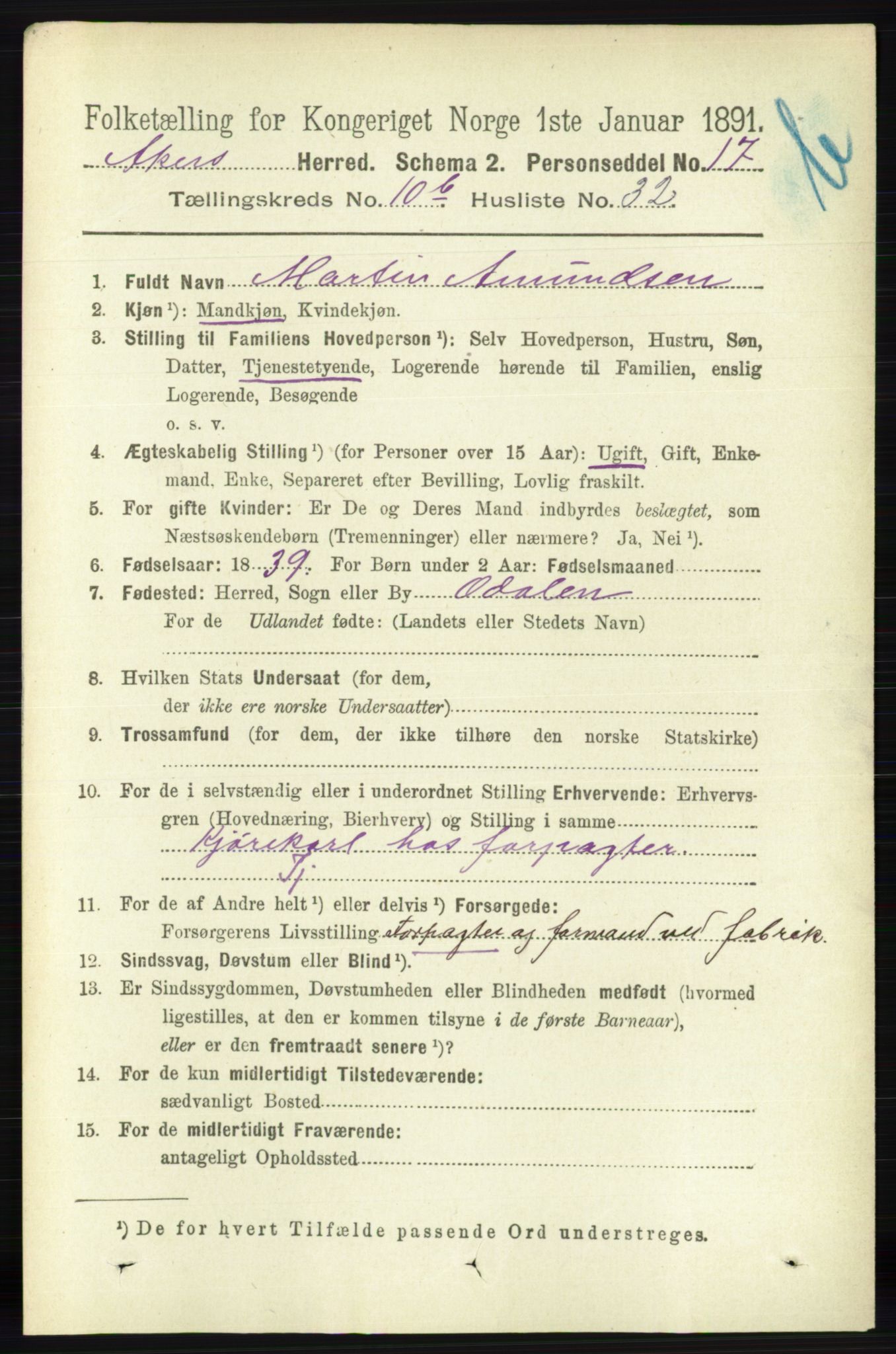 RA, 1891 census for 0218 Aker, 1891, p. 10044