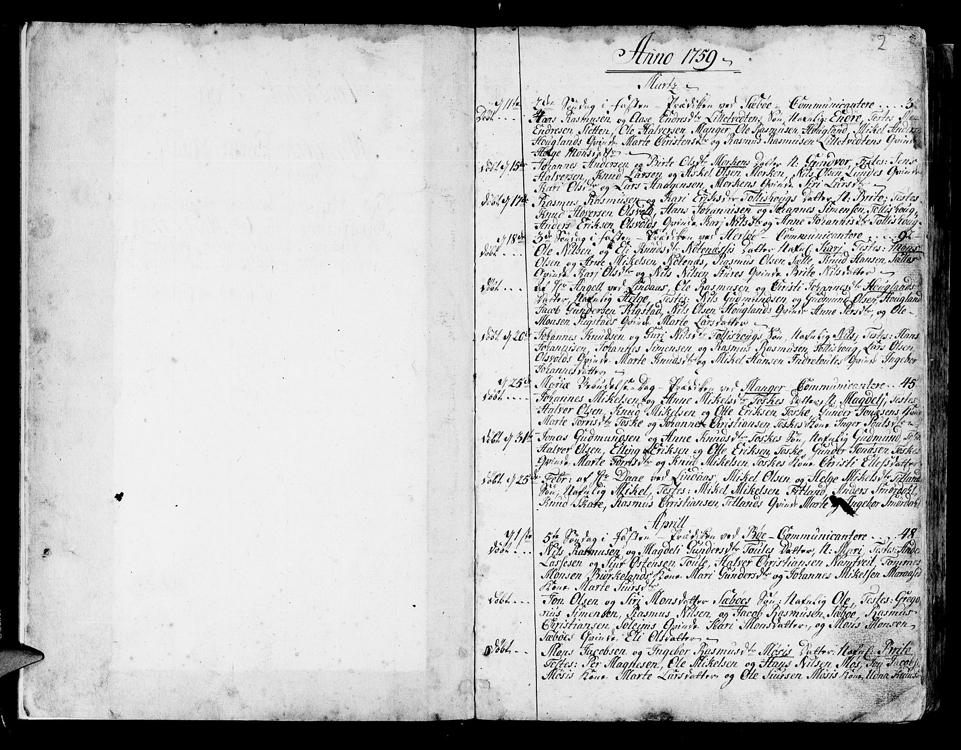Manger sokneprestembete, SAB/A-76801/H/Haa: Parish register (official) no. A 1, 1759-1791, p. 2