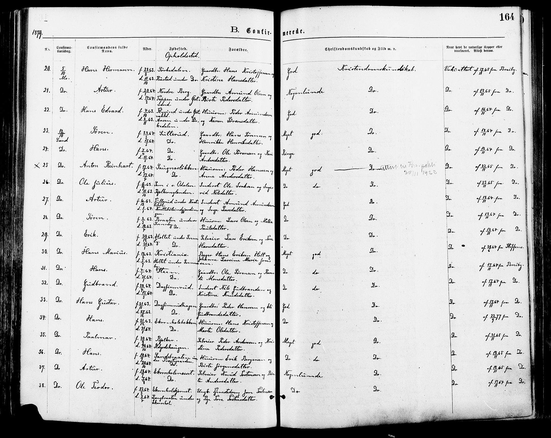 Nord-Odal prestekontor, AV/SAH-PREST-032/H/Ha/Haa/L0005: Parish register (official) no. 5, 1874-1885, p. 164