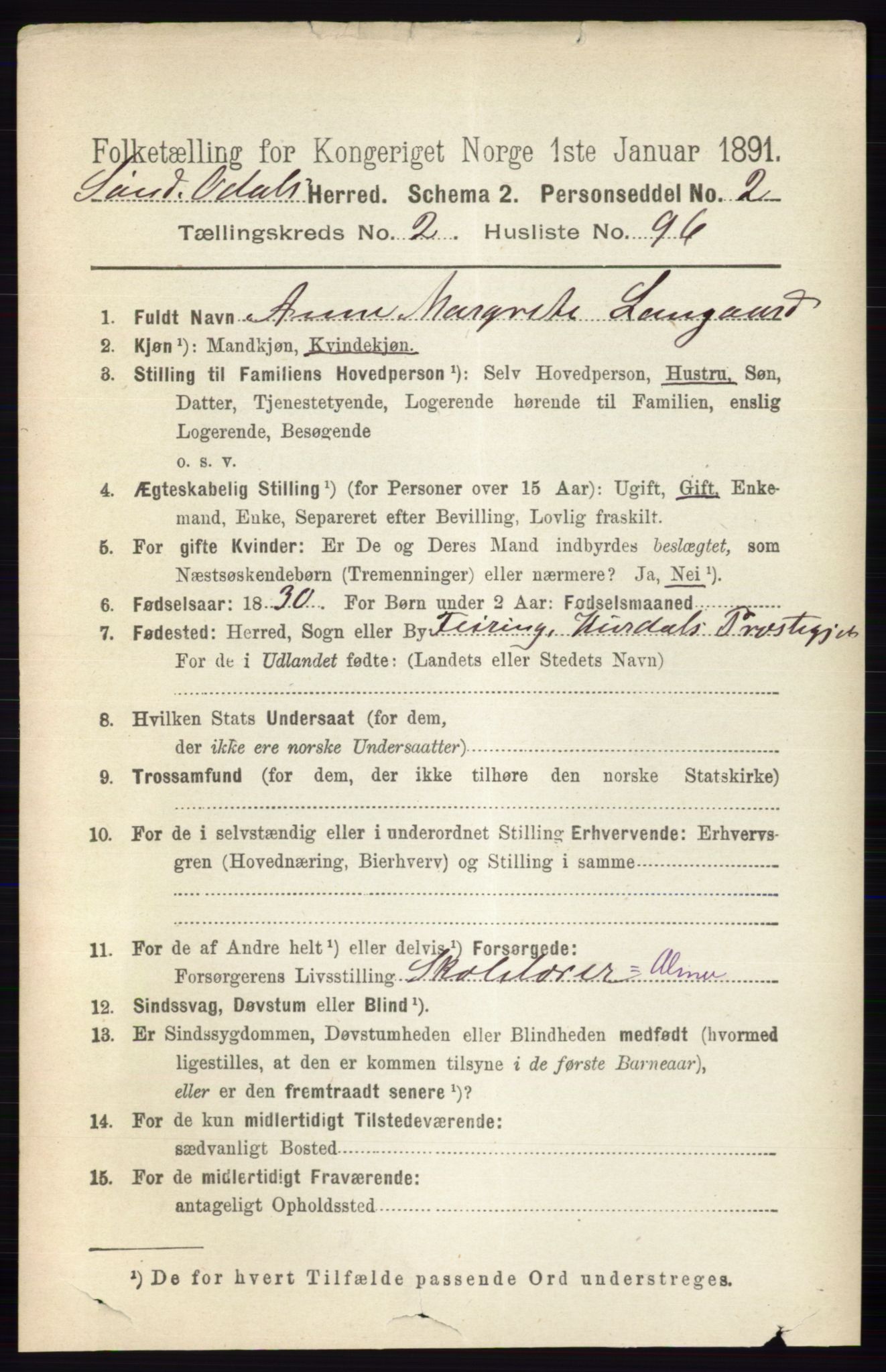 RA, 1891 census for 0419 Sør-Odal, 1891, p. 1071