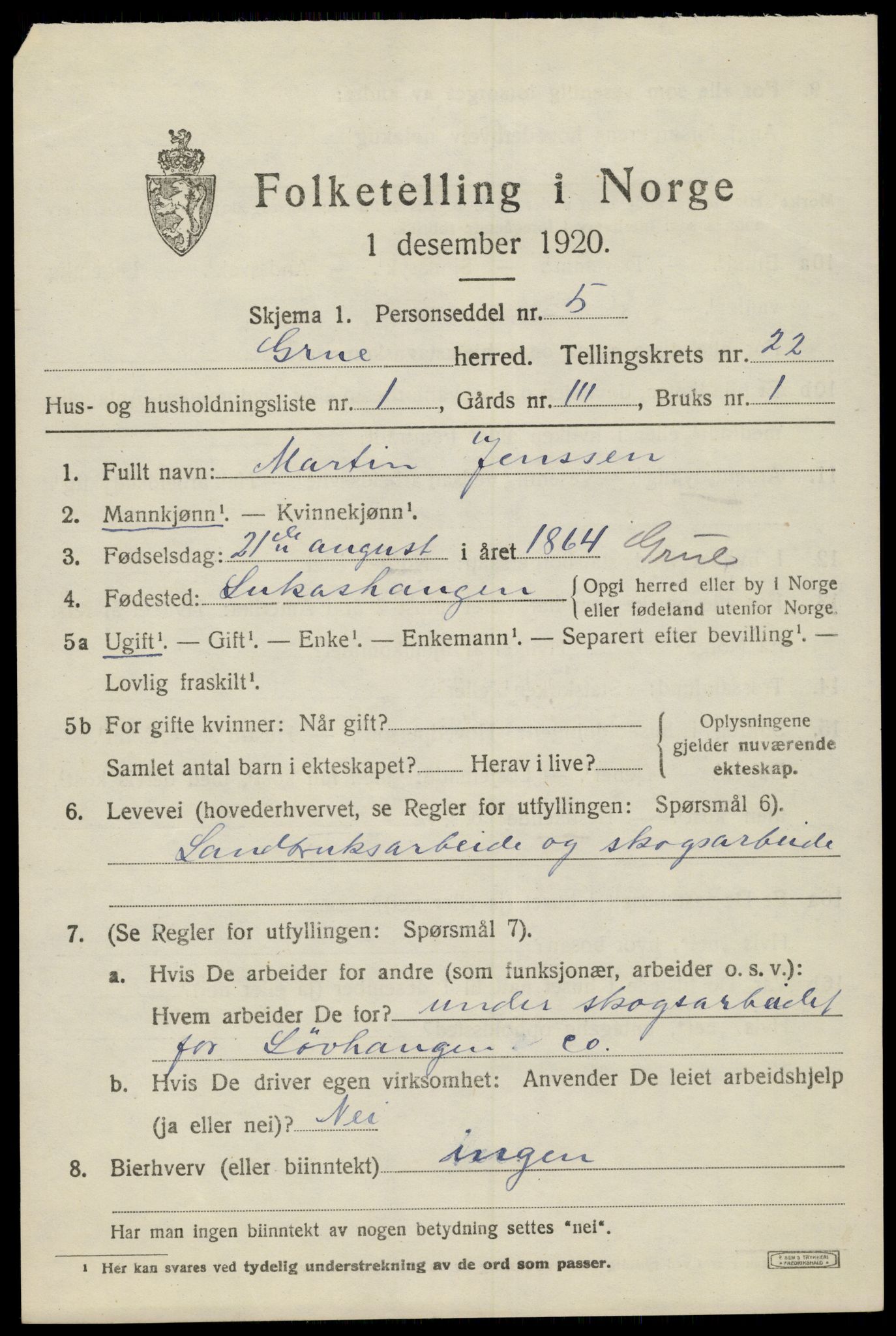 SAH, 1920 census for Grue, 1920, p. 15503