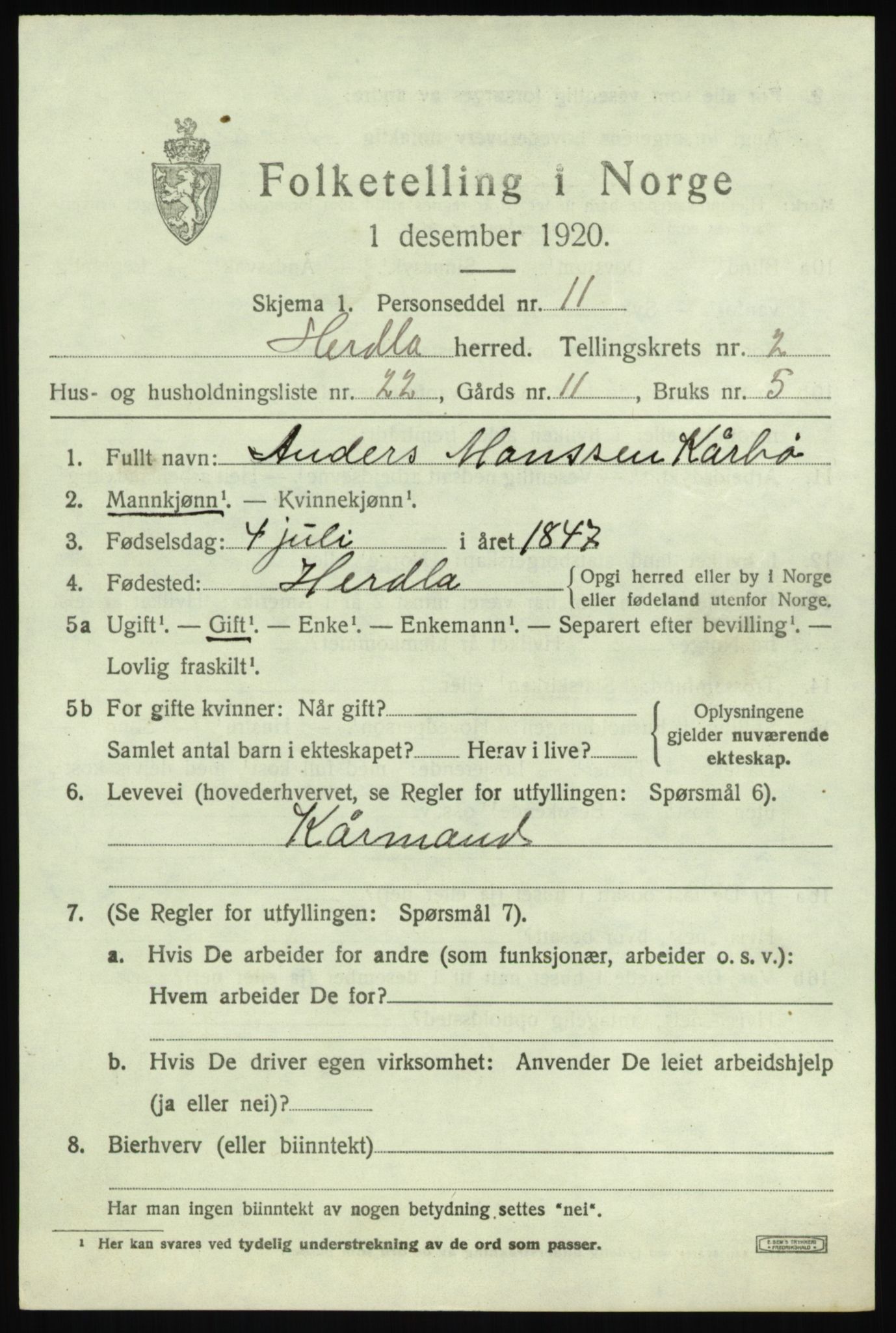 SAB, 1920 census for Herdla, 1920, p. 2739