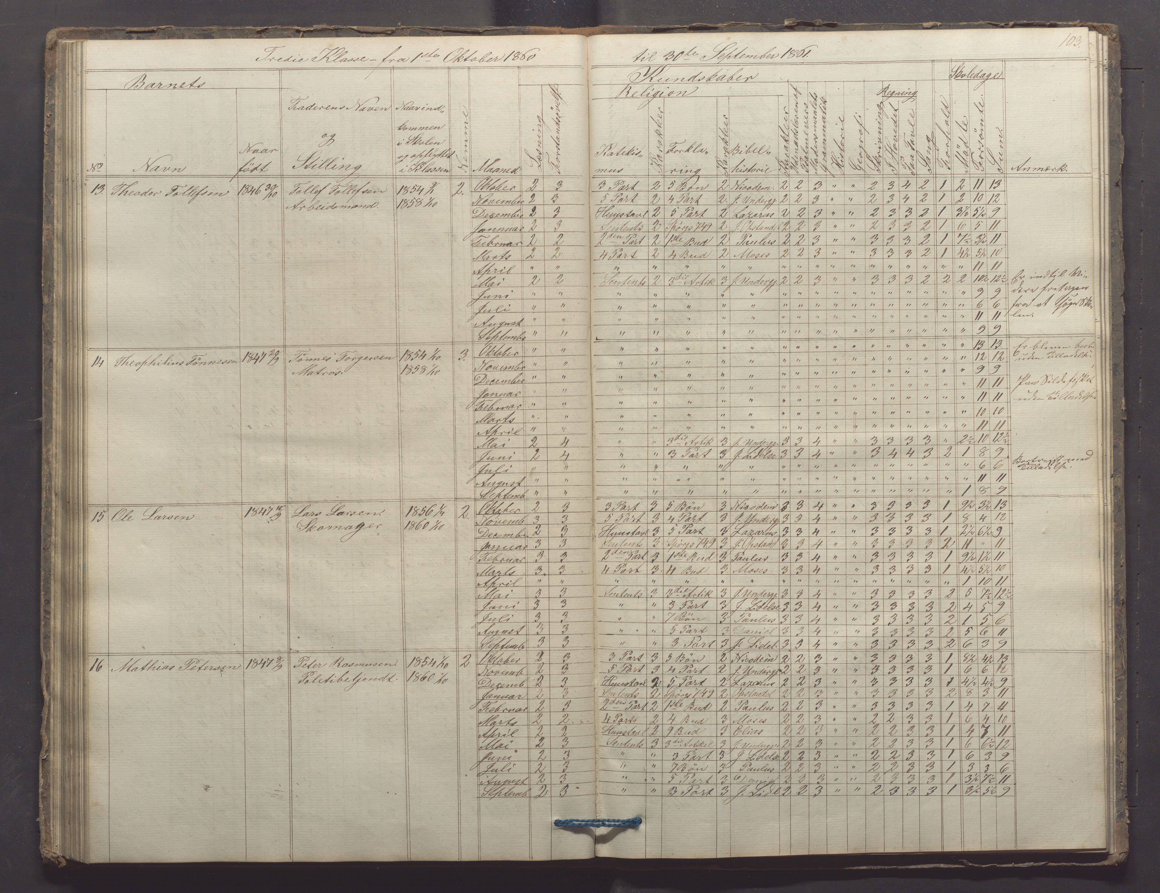 Egersund kommune (Ladested) - Egersund almueskole/folkeskole, IKAR/K-100521/H/L0006: Skoleprotokoll - Folkeskolen, 3. klasse, 1854-1862, p. 103