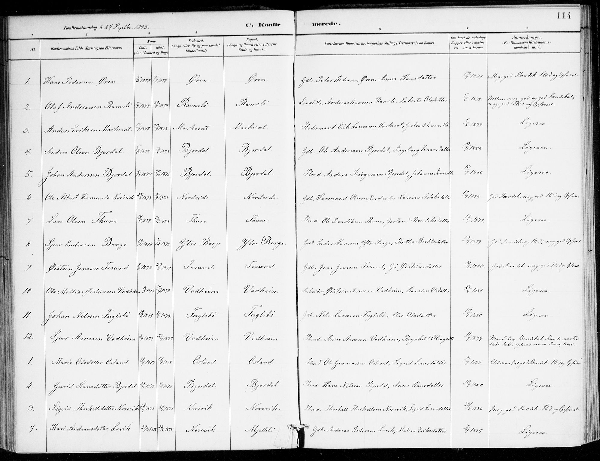 Lavik sokneprestembete, AV/SAB-A-80901: Parish register (official) no. C 1, 1882-1904, p. 114