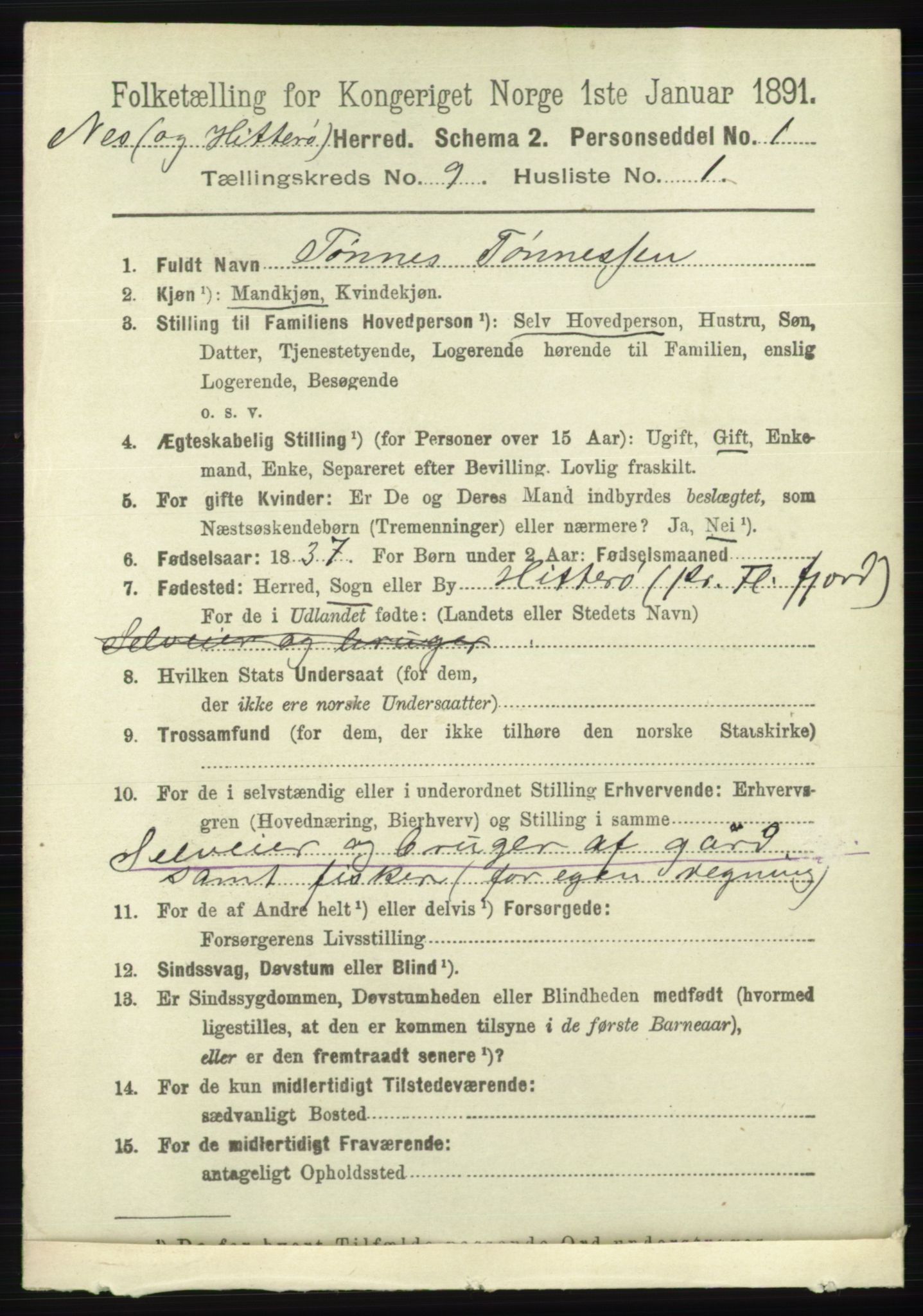 RA, 1891 census for 1043 Hidra og Nes, 1891, p. 3767