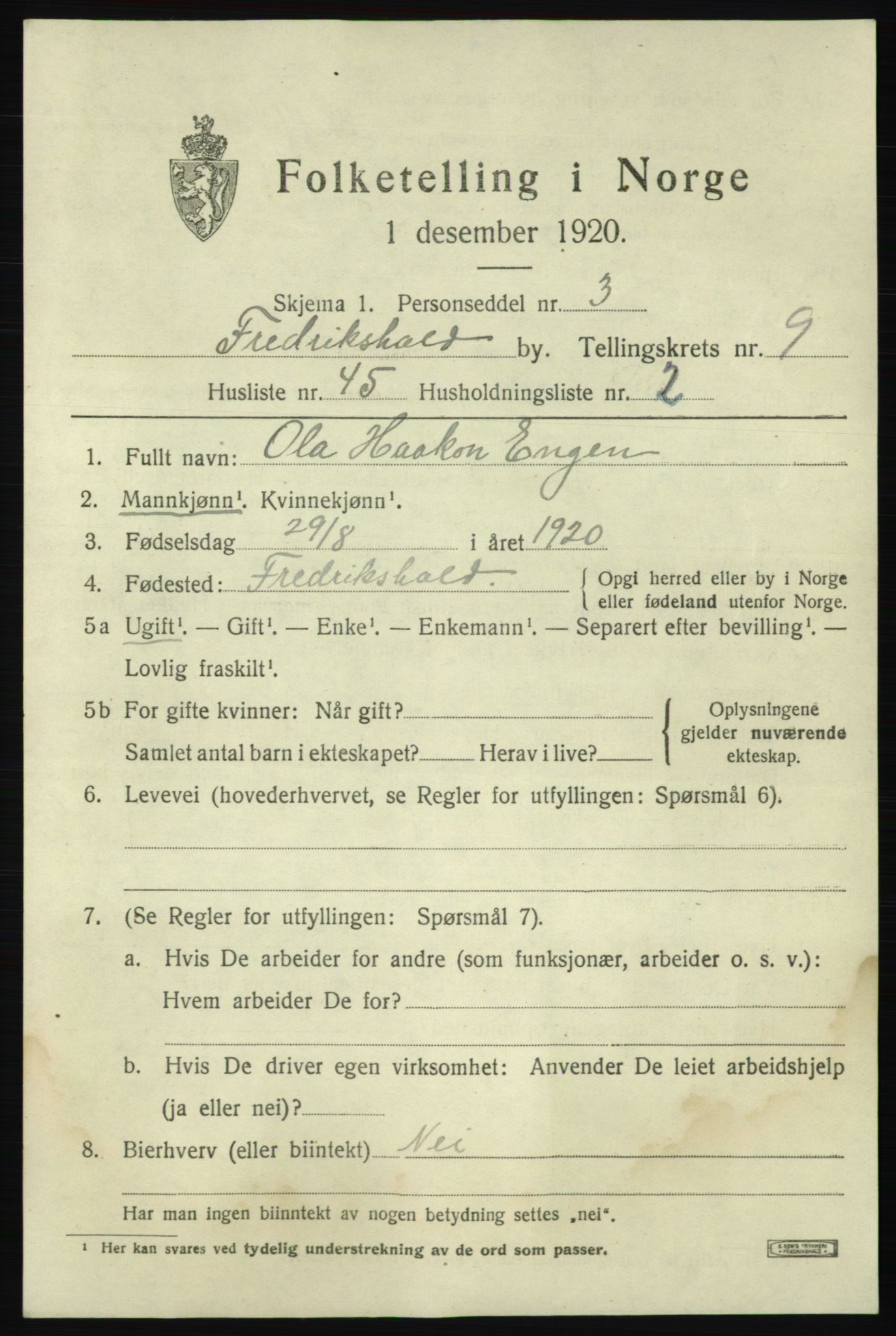 SAO, 1920 census for Fredrikshald, 1920, p. 16957