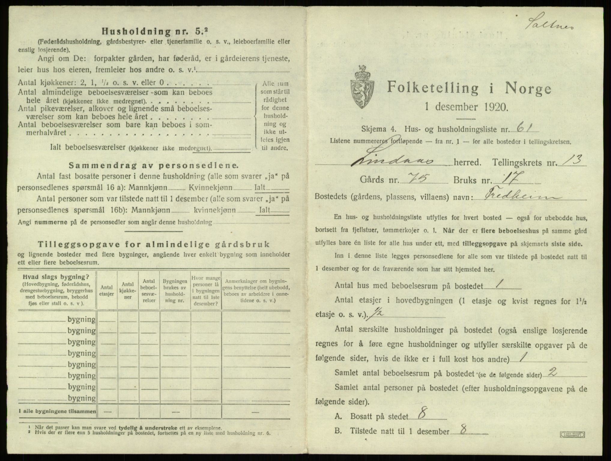 SAB, 1920 census for Lindås, 1920, p. 945