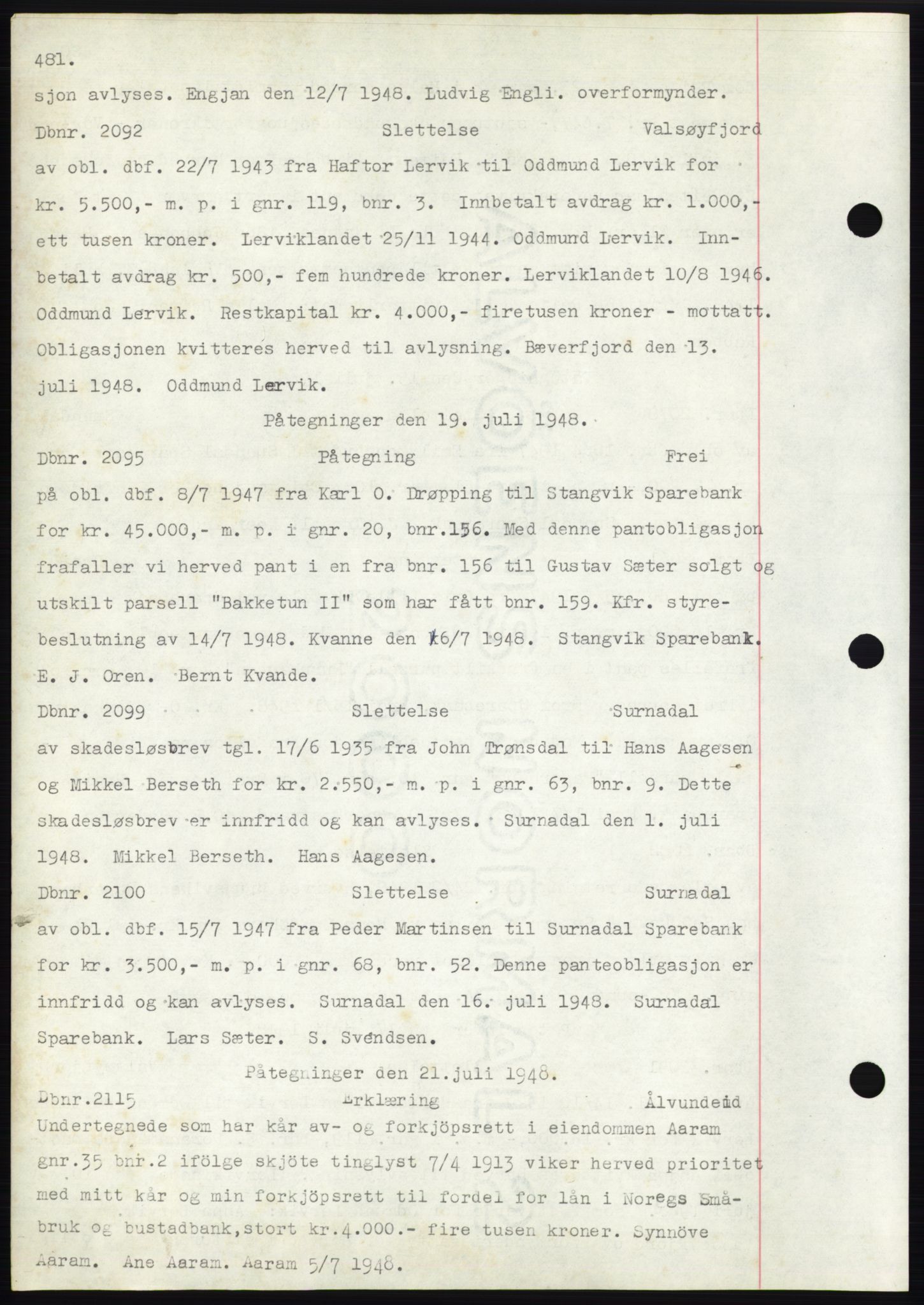 Nordmøre sorenskriveri, SAT/A-4132/1/2/2Ca: Mortgage book no. C82b, 1946-1951, Diary no: : 2092/1948