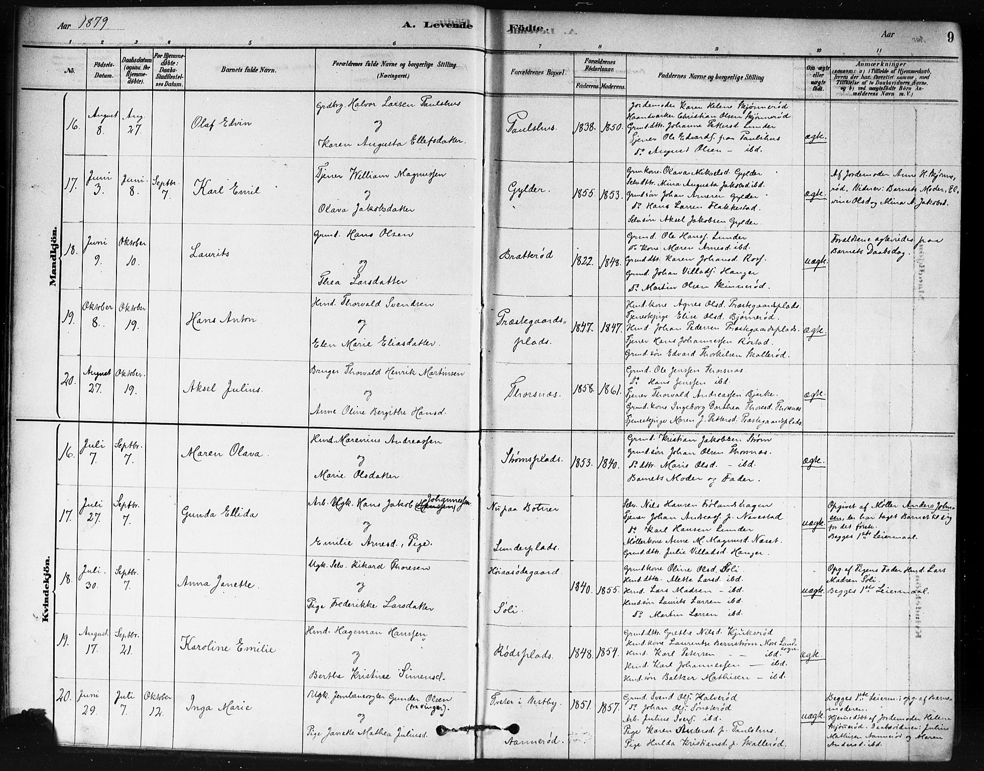 Våler prestekontor Kirkebøker, AV/SAO-A-11083/F/Fa/L0010: Parish register (official) no. I 10, 1878-1896, p. 9