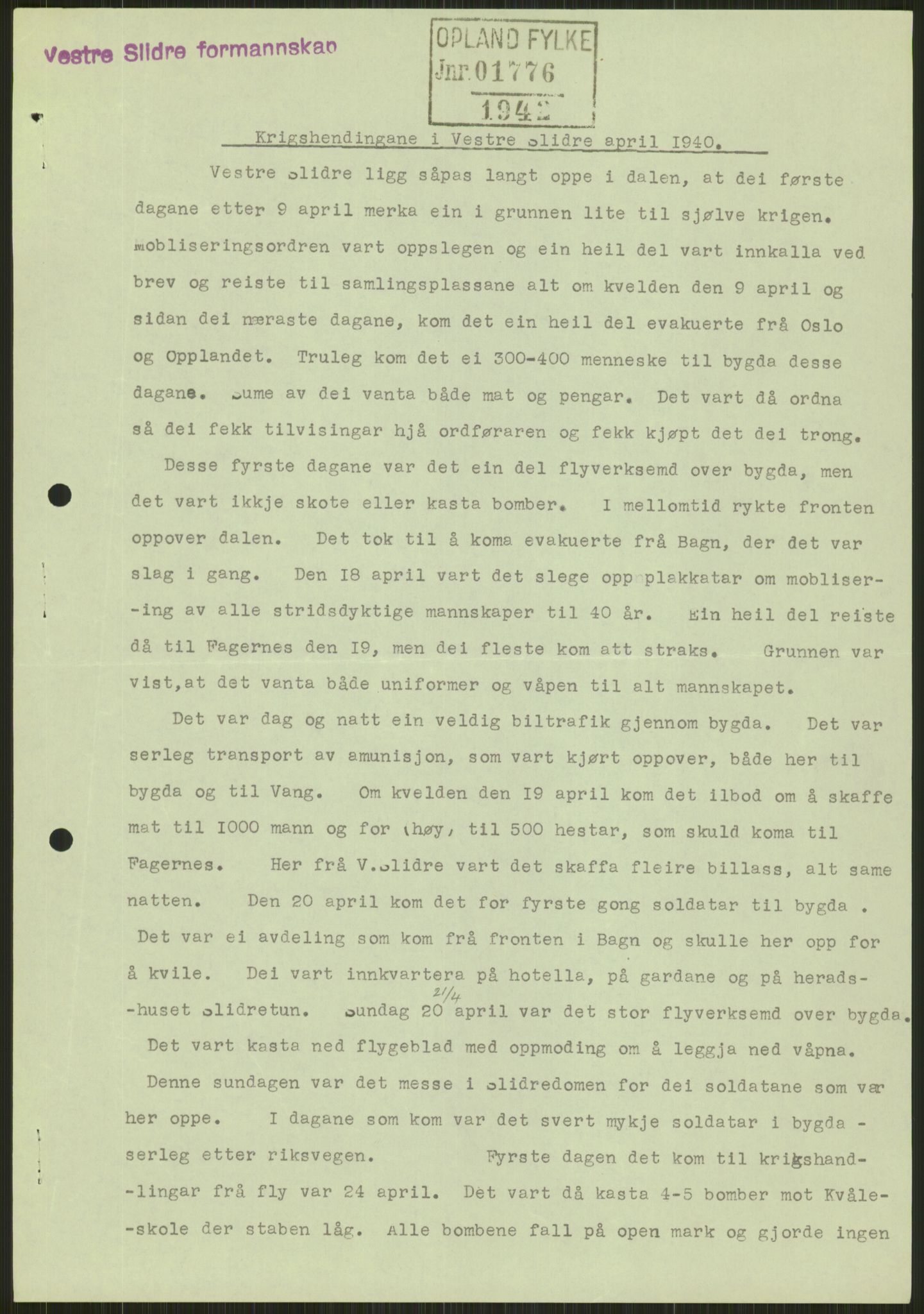 Forsvaret, Forsvarets krigshistoriske avdeling, AV/RA-RAFA-2017/Y/Ya/L0014: II-C-11-31 - Fylkesmenn.  Rapporter om krigsbegivenhetene 1940., 1940, p. 248