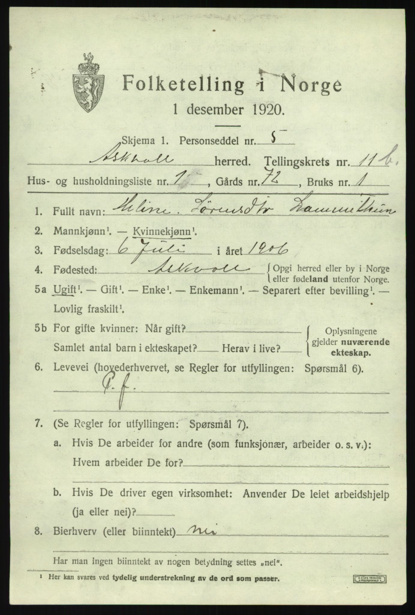 SAB, 1920 census for Askvoll, 1920, p. 4578