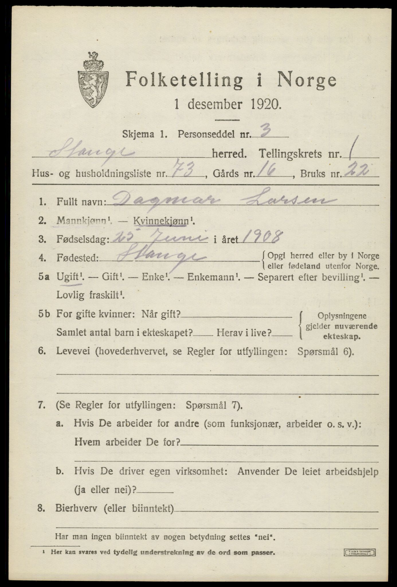 SAH, 1920 census for Stange, 1920, p. 3795