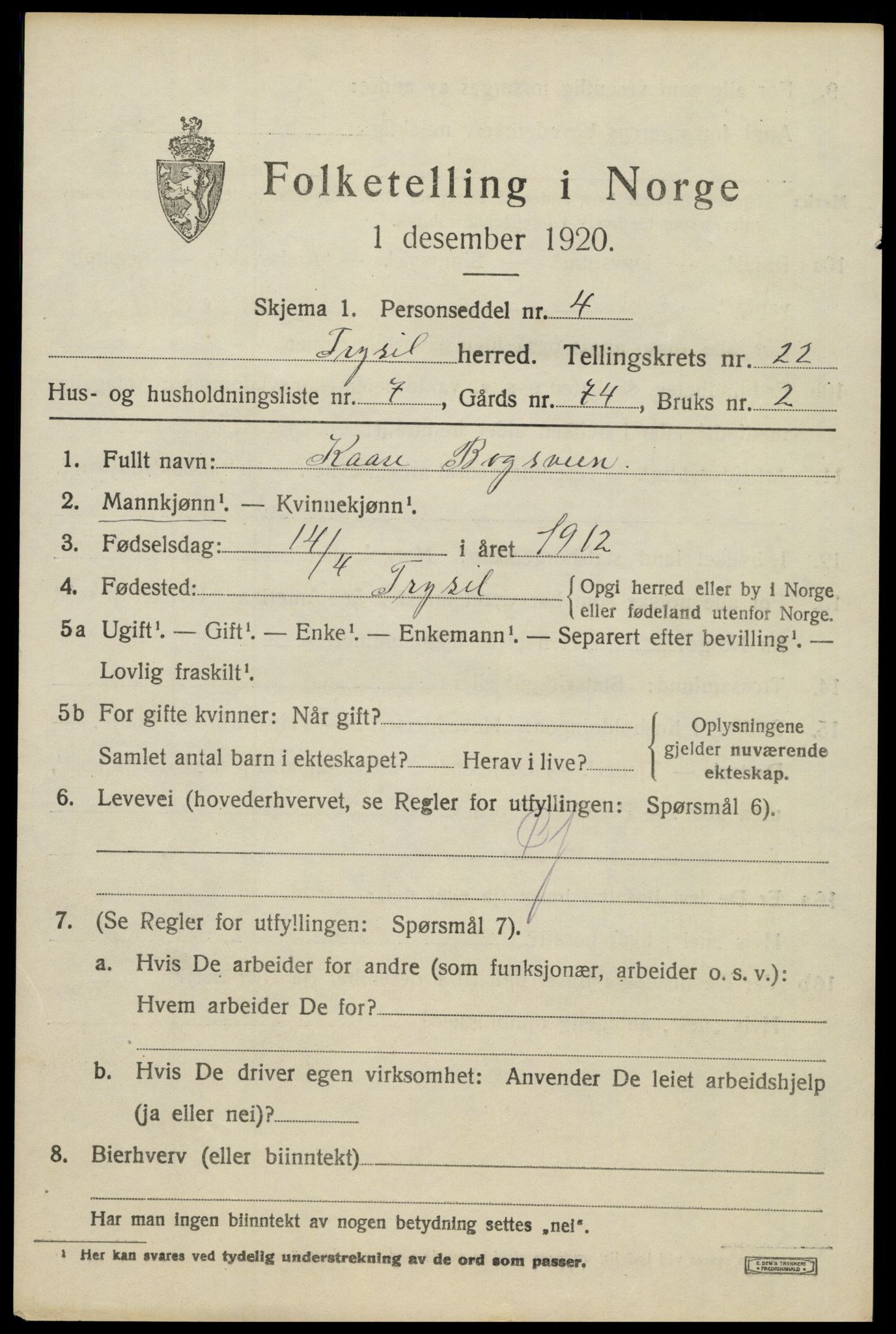 SAH, 1920 census for Trysil, 1920, p. 14643