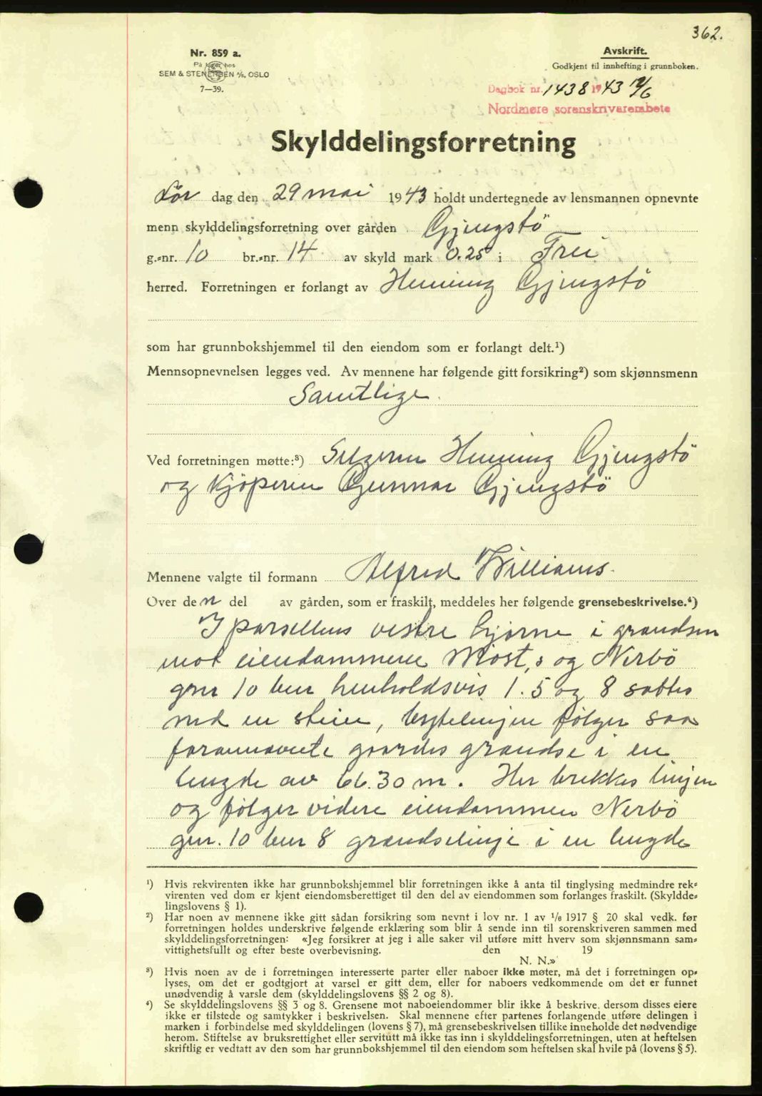 Nordmøre sorenskriveri, AV/SAT-A-4132/1/2/2Ca: Mortgage book no. A95, 1943-1943, Diary no: : 1438/1943