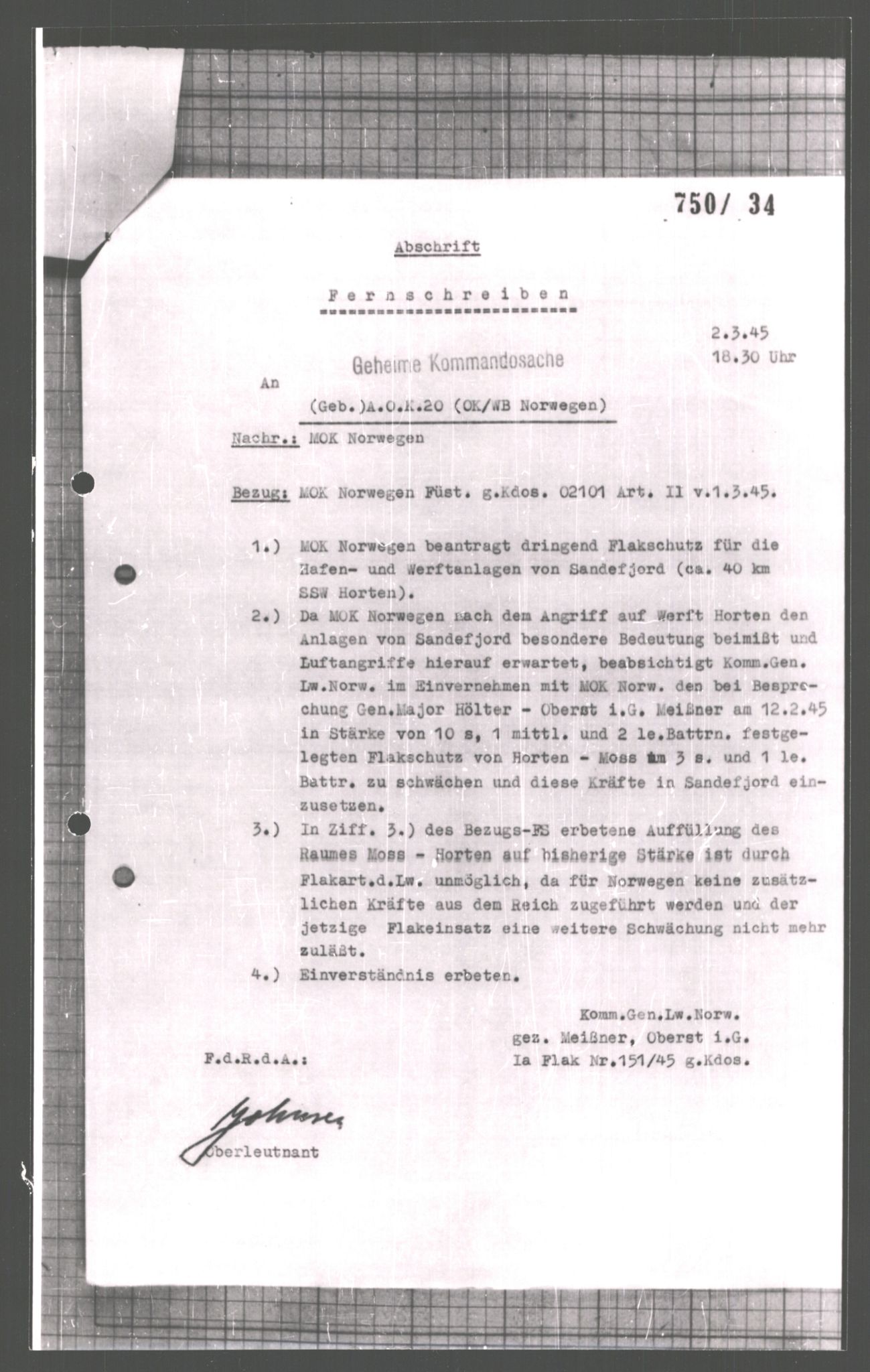 Forsvarets Overkommando. 2 kontor. Arkiv 11.4. Spredte tyske arkivsaker, AV/RA-RAFA-7031/D/Dar/Dara/L0008: Krigsdagbøker for 20. Gebirgs-Armee-Oberkommando (AOK 20), 1945, p. 70