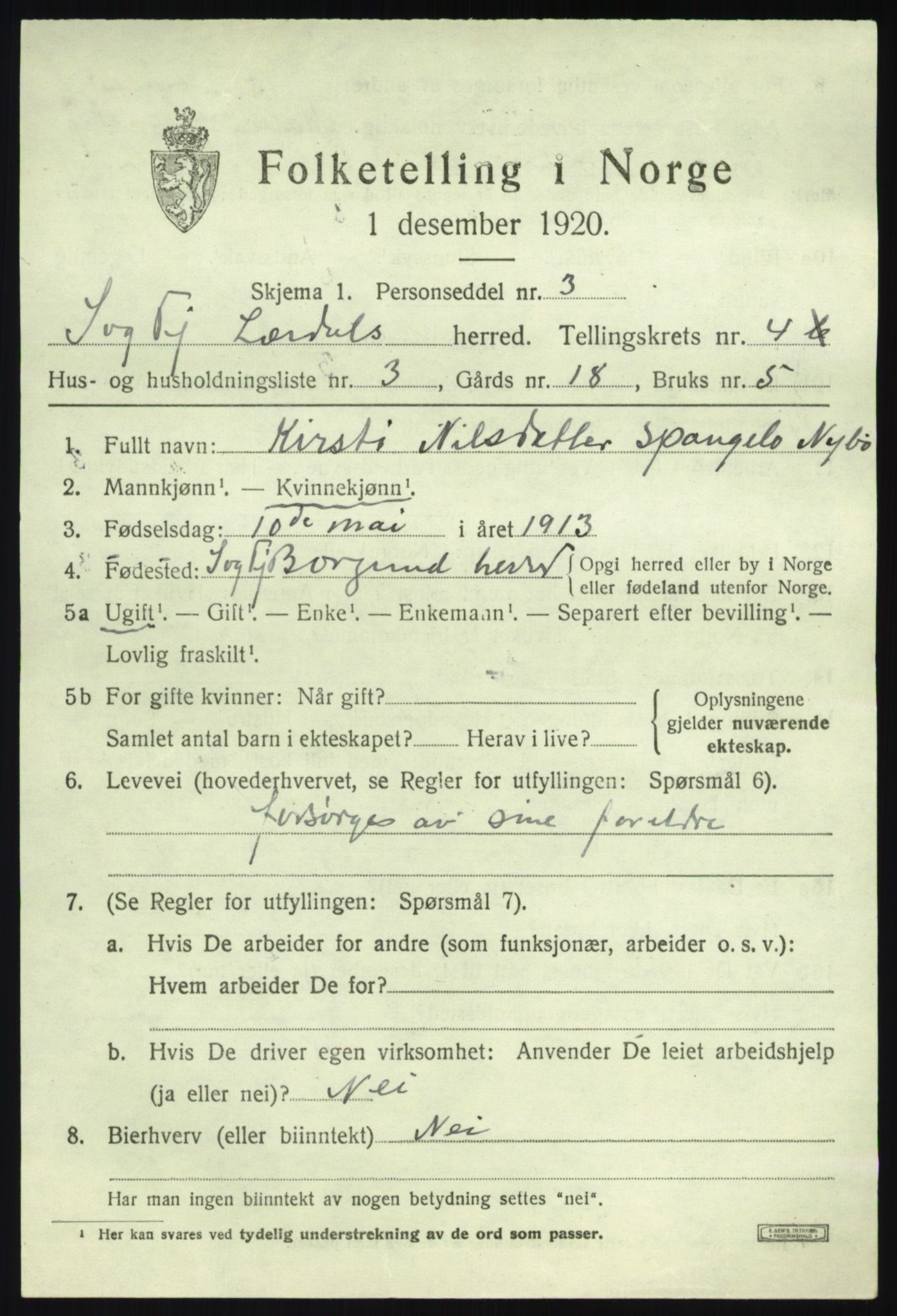 SAB, 1920 census for Lærdal, 1920, p. 2216