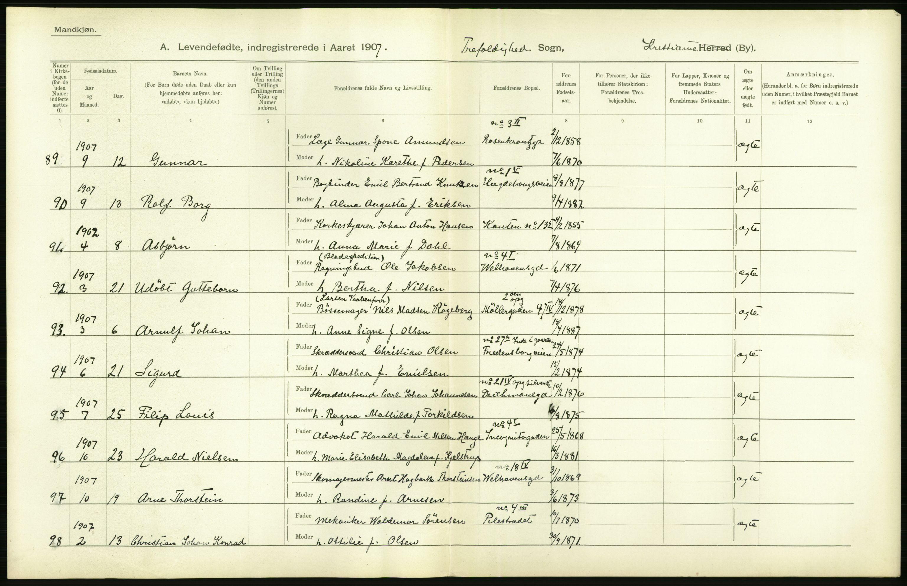 Statistisk sentralbyrå, Sosiodemografiske emner, Befolkning, AV/RA-S-2228/D/Df/Dfa/Dfae/L0006: Kristiania: Levendefødte menn og kvinner., 1907, p. 330