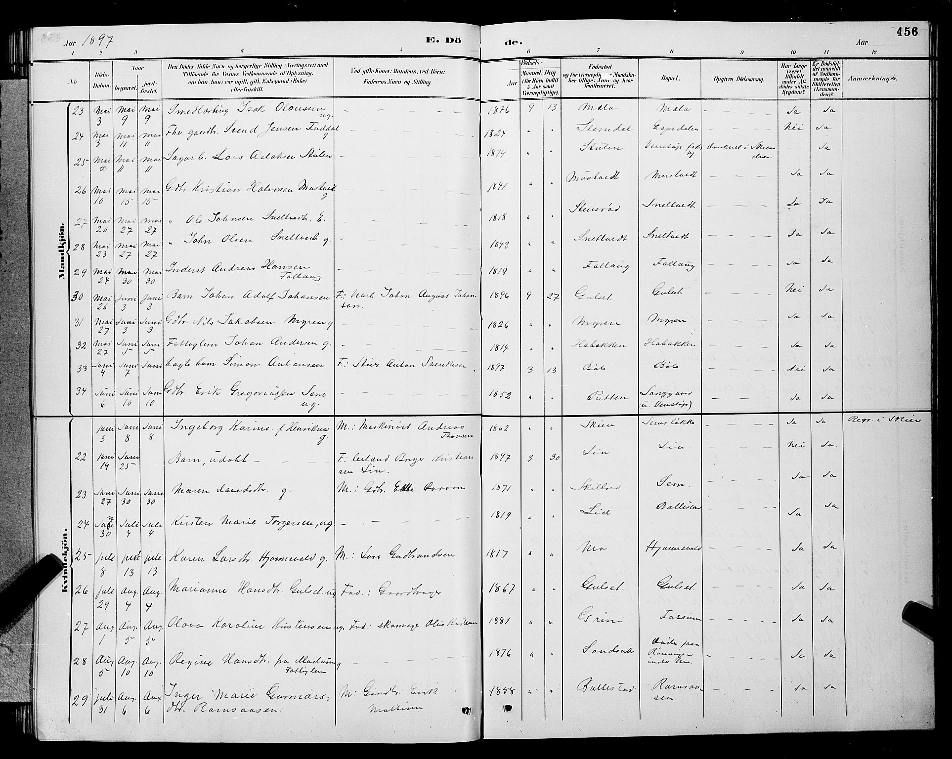 Gjerpen kirkebøker, SAKO/A-265/G/Ga/L0002: Parish register (copy) no. I 2, 1883-1900, p. 456