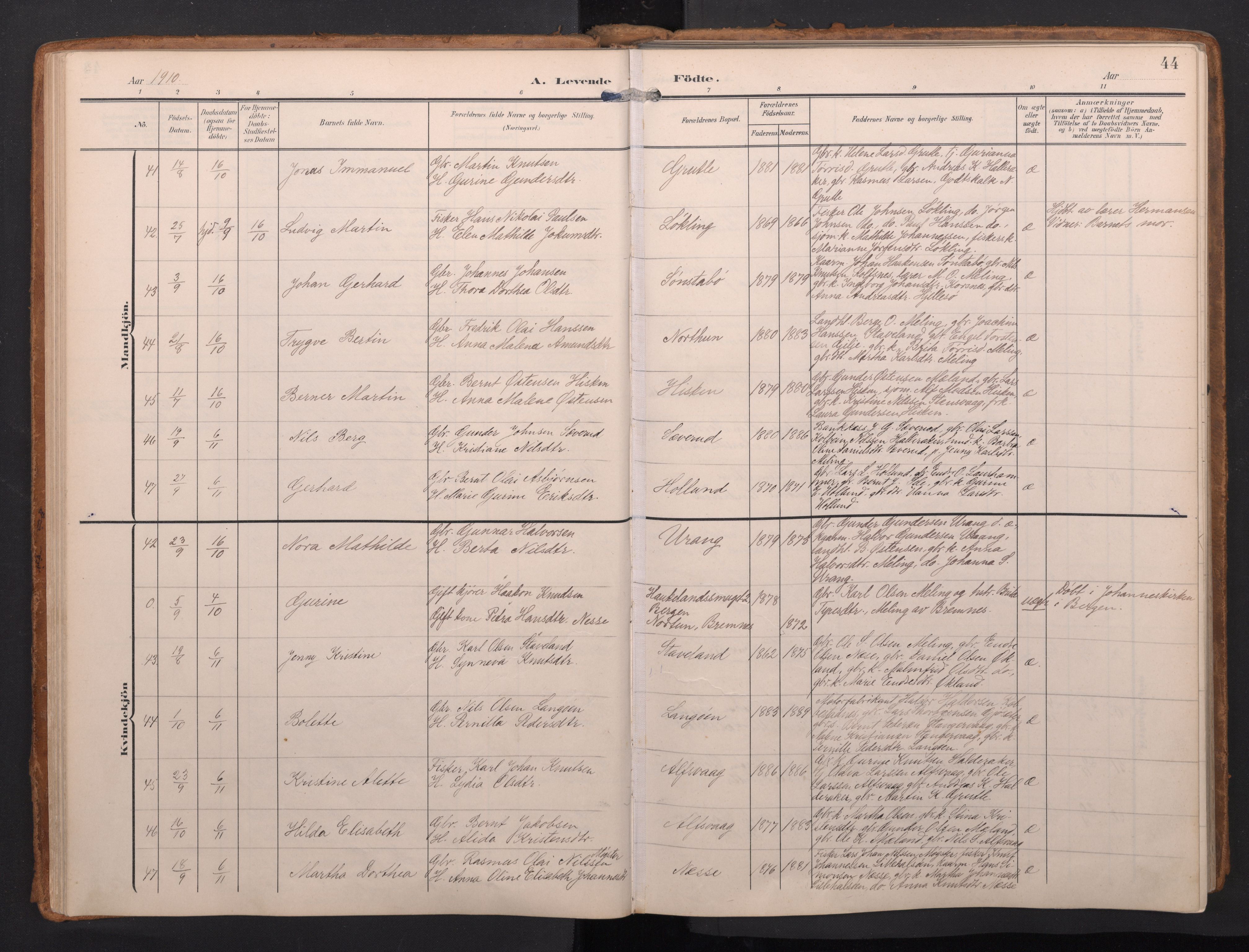 Finnås sokneprestembete, AV/SAB-A-99925/H/Ha/Haa/Haac/L0003: Parish register (official) no. C 3, 1905-1917, p. 44