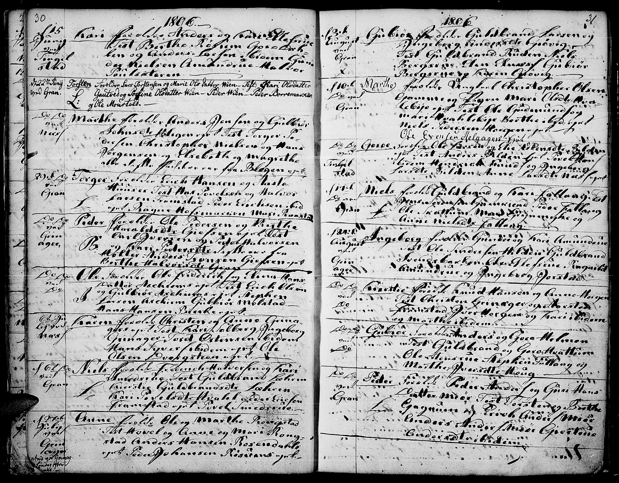 Gran prestekontor, AV/SAH-PREST-112/H/Ha/Haa/L0007: Parish register (official) no. 7, 1804-1815, p. 30-31