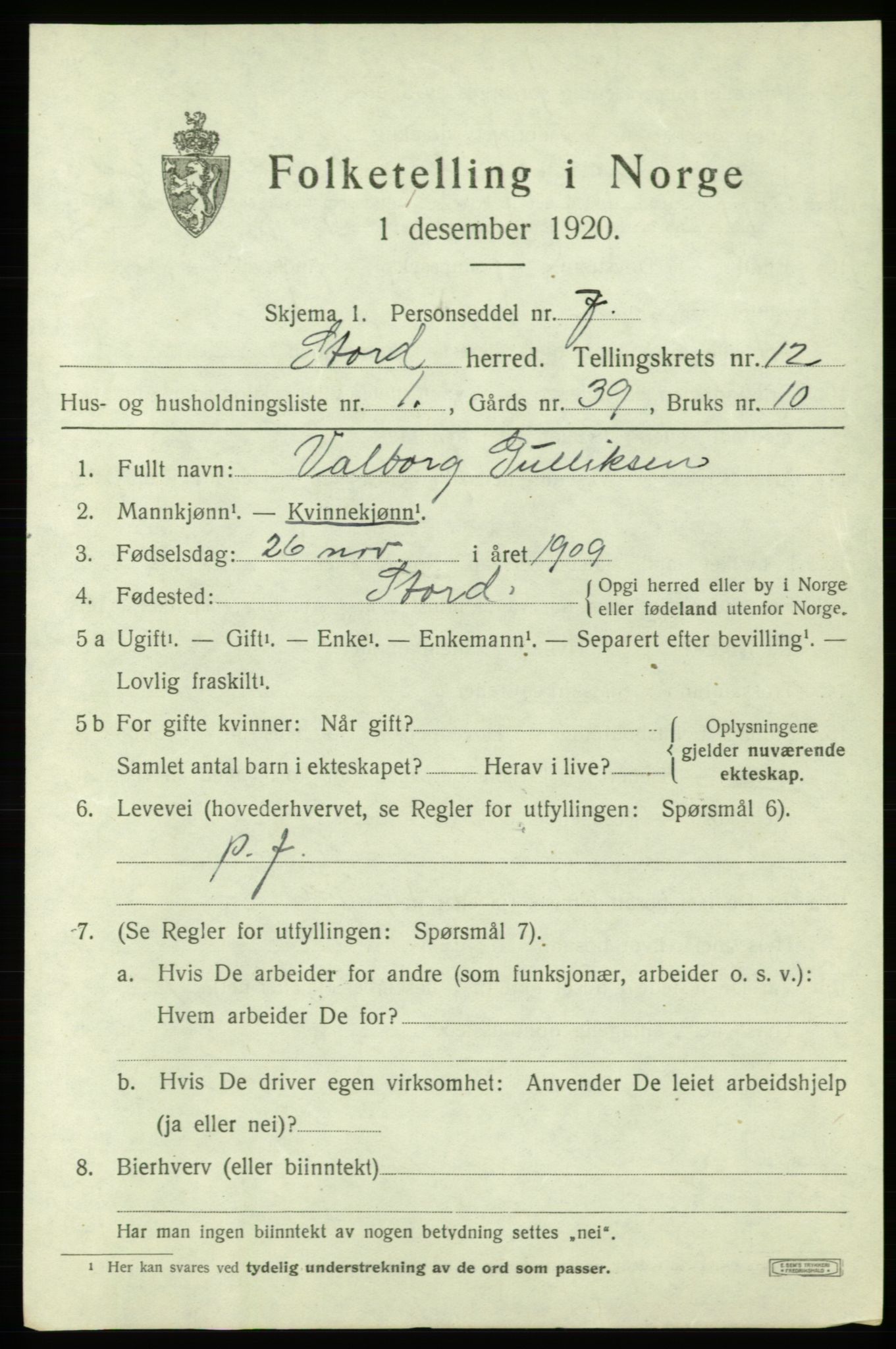 SAB, 1920 census for Stord, 1920, p. 7009