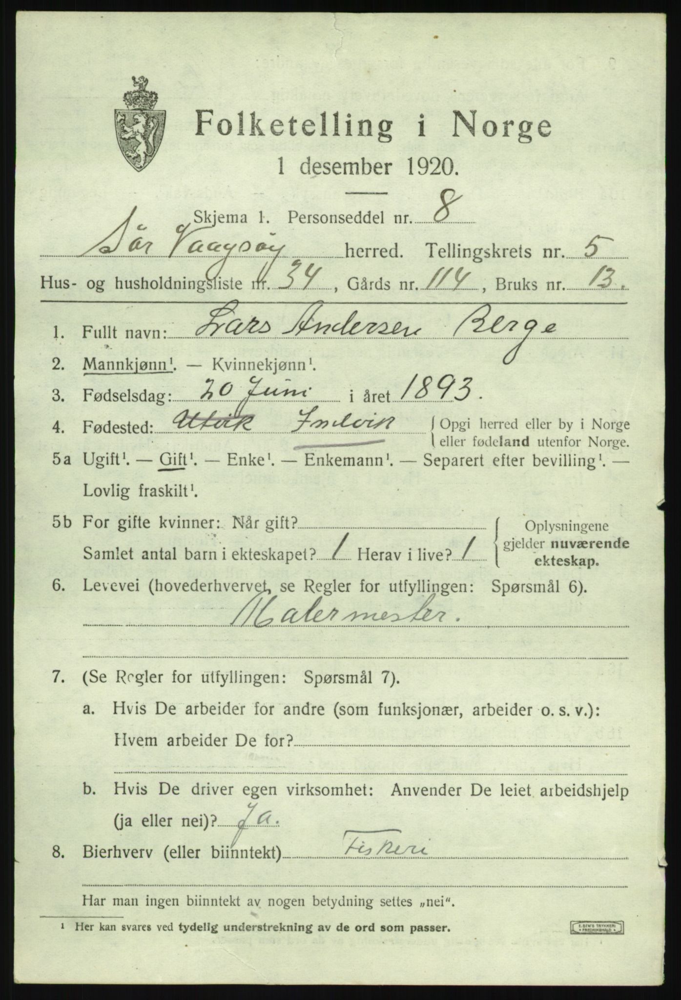 SAB, 1920 census for Sør-Vågsøy, 1920, p. 3286