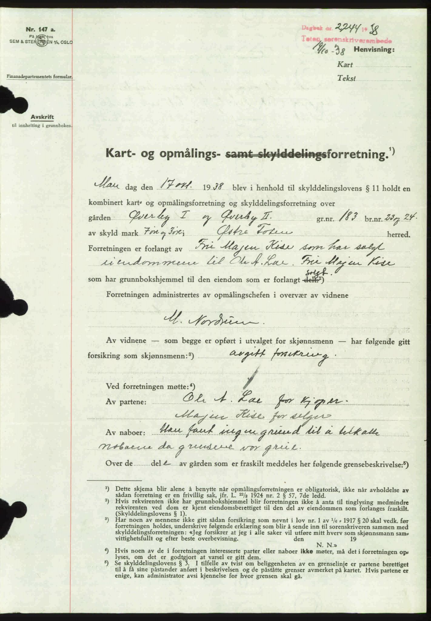 Toten tingrett, SAH/TING-006/H/Hb/Hbc/L0004: Mortgage book no. Hbc-04, 1938-1938, Diary no: : 2244/1938