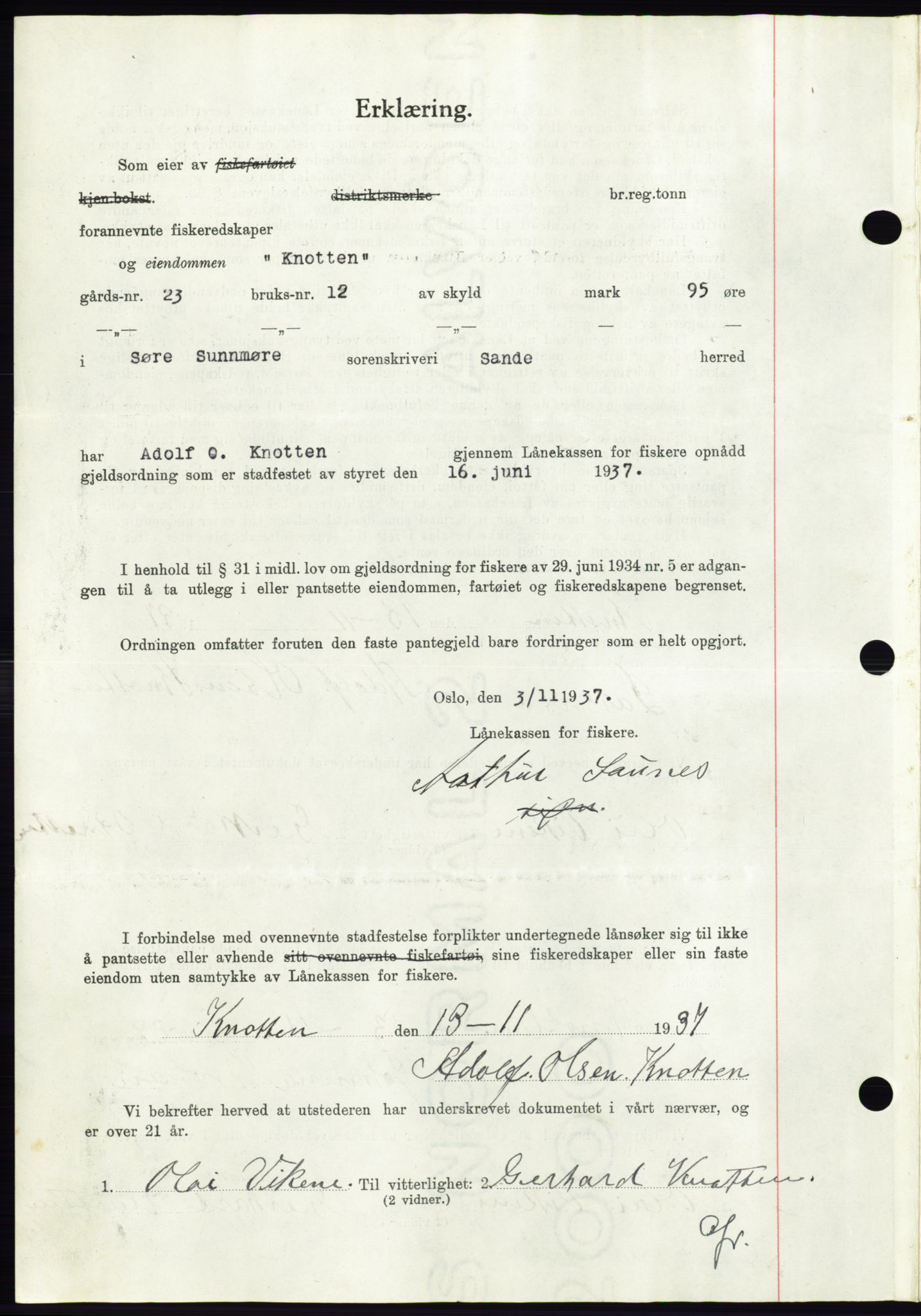 Søre Sunnmøre sorenskriveri, AV/SAT-A-4122/1/2/2C/L0064: Mortgage book no. 58, 1937-1938, Diary no: : 1812/1937