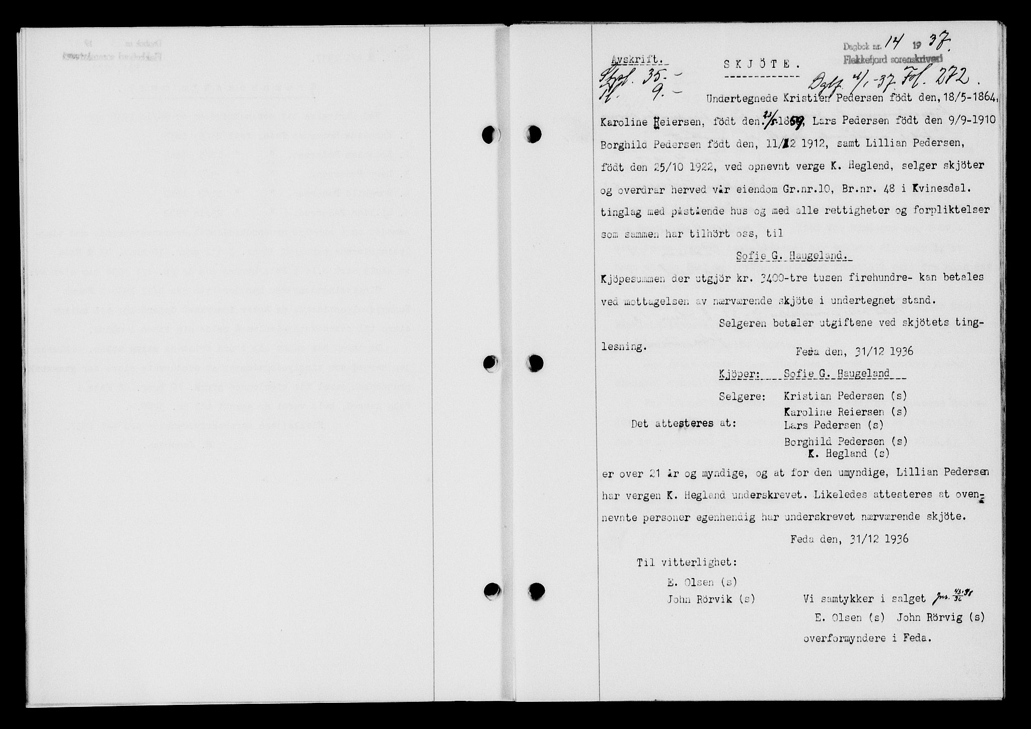 Flekkefjord sorenskriveri, SAK/1221-0001/G/Gb/Gba/L0053: Mortgage book no. A-1, 1936-1937, Diary no: : 14/1937