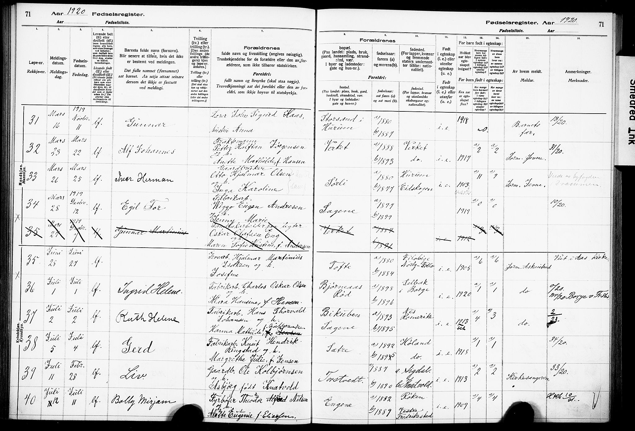 Hurum kirkebøker, AV/SAKO-A-229/J/Ja/L0001: Birth register no. 1, 1916-1928, p. 71