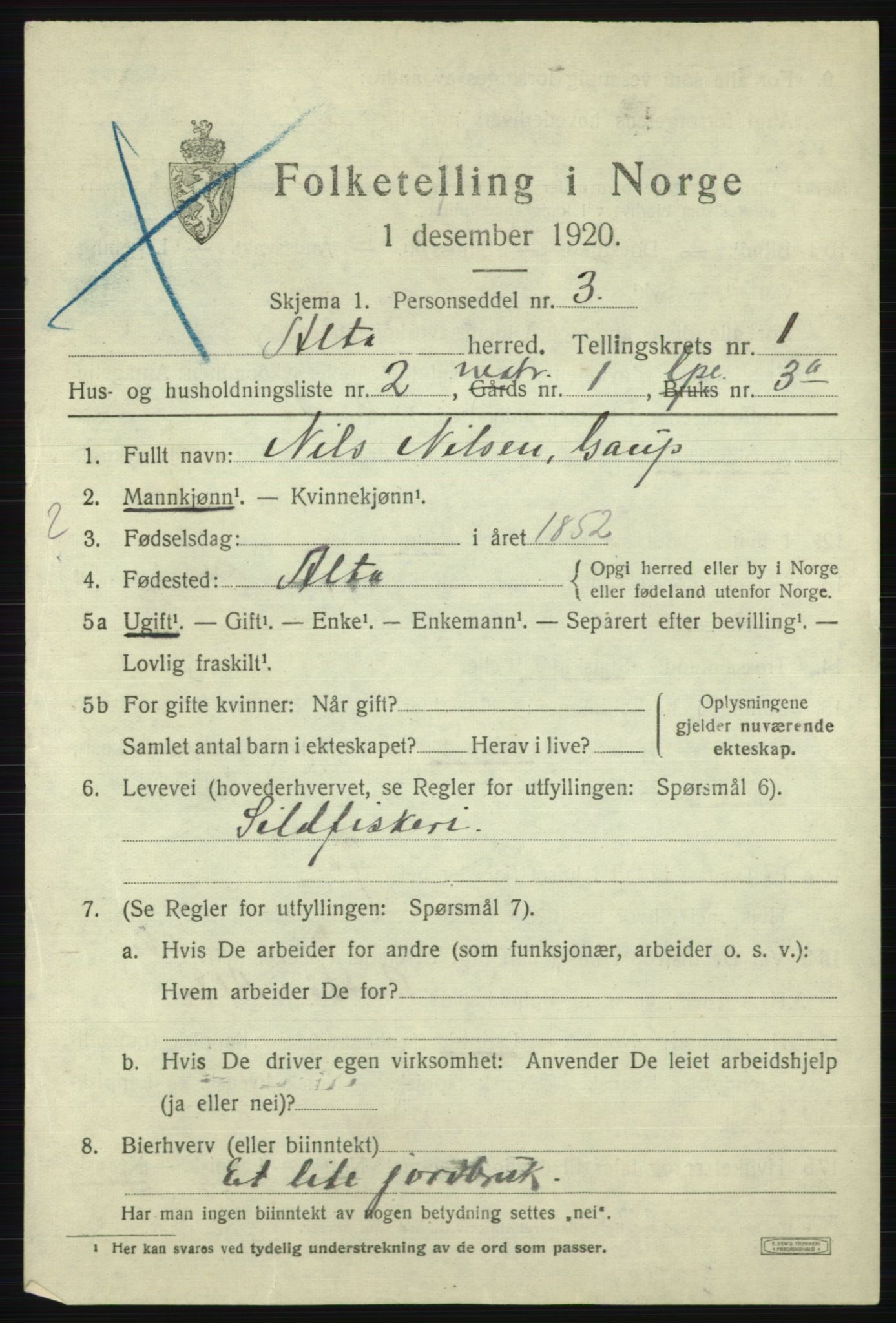 SATØ, 1920 census for Alta, 1920, p. 1091