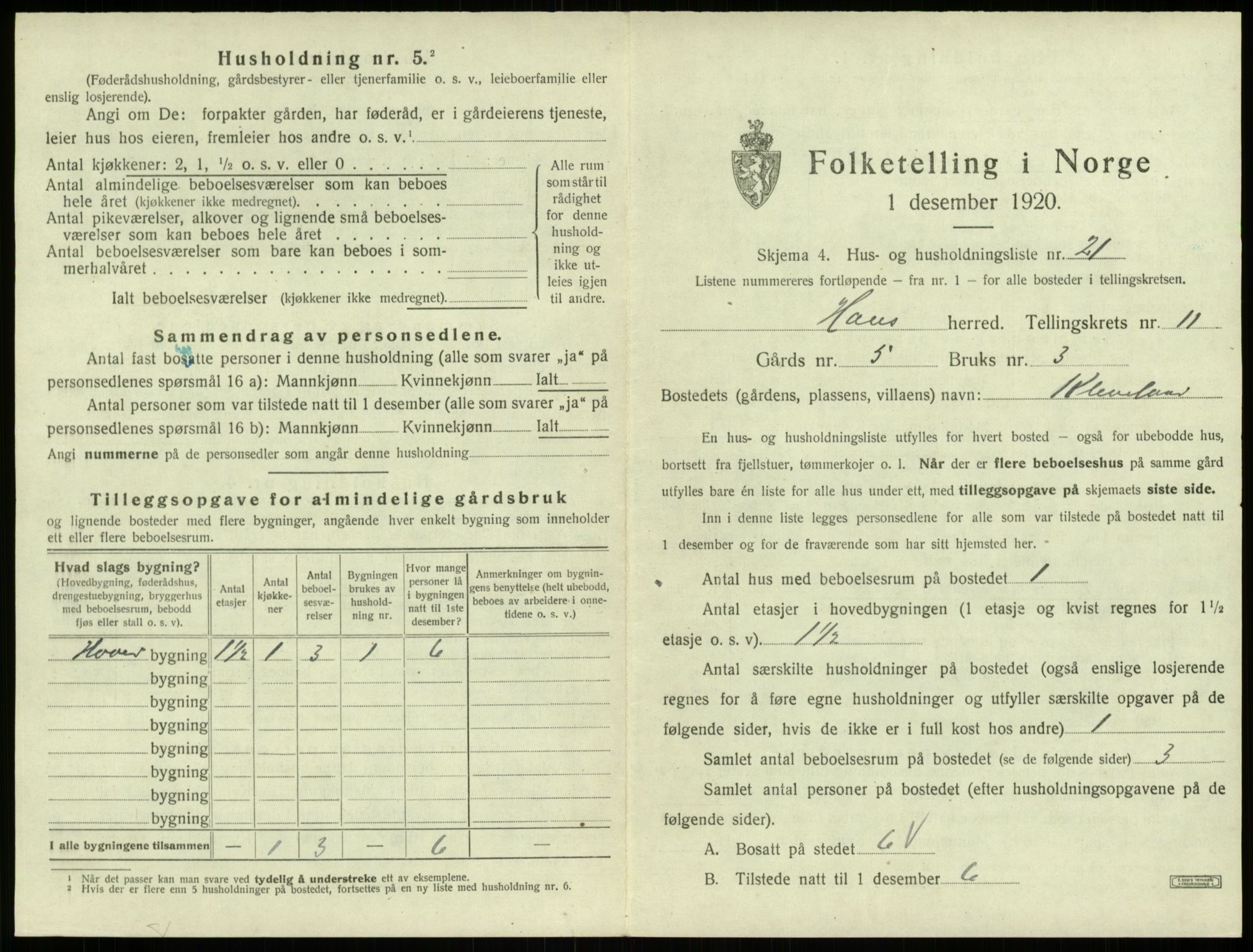 SAB, 1920 census for Haus, 1920, p. 853