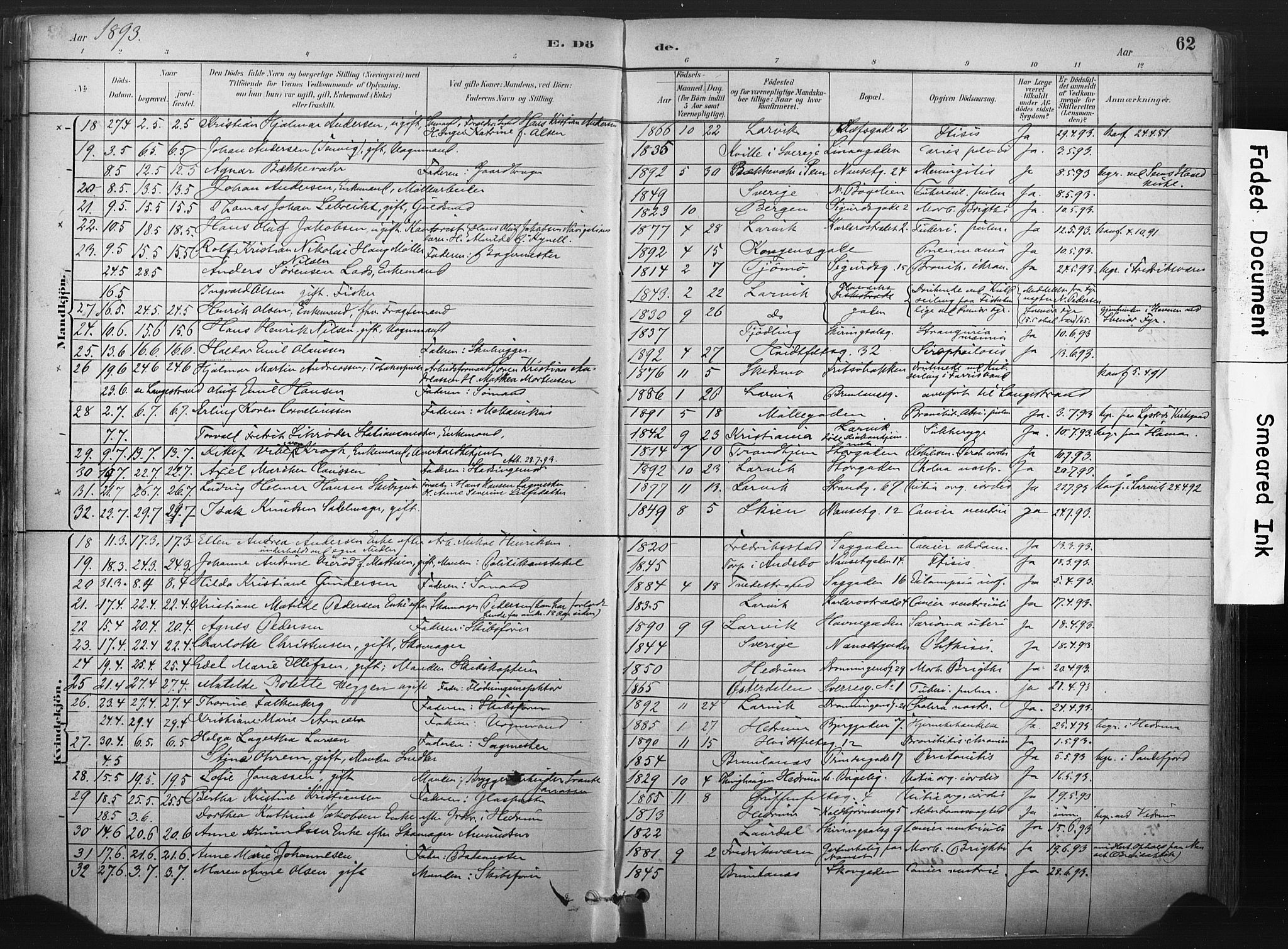 Larvik kirkebøker, SAKO/A-352/F/Fa/L0010: Parish register (official) no. I 10, 1884-1910, p. 62