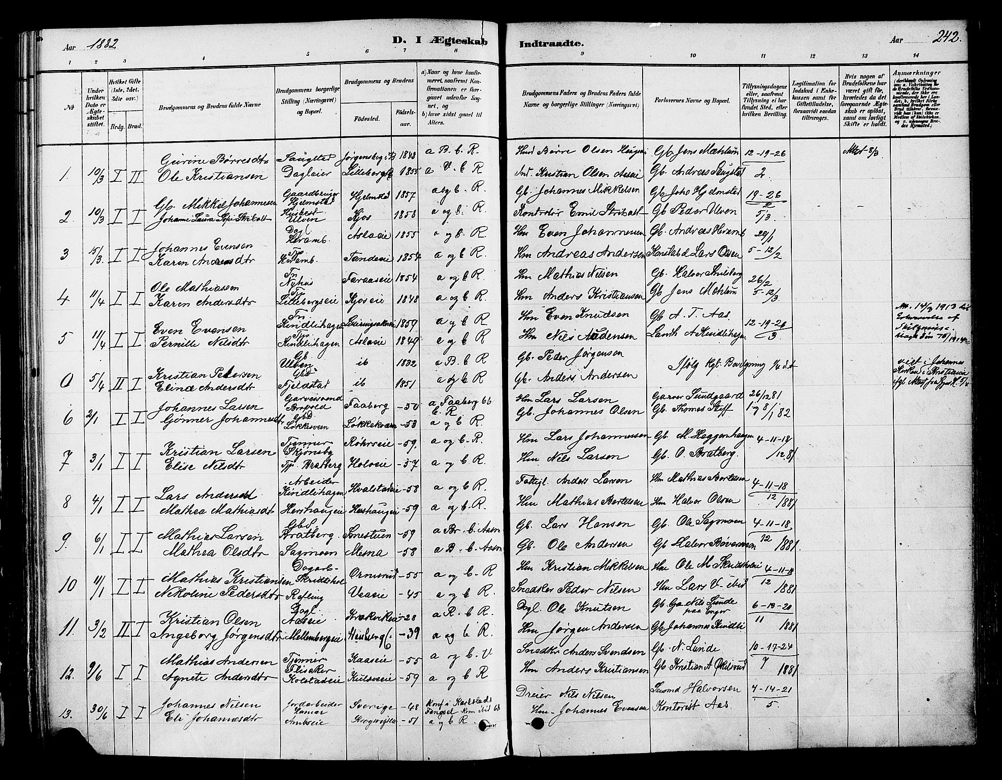 Ringsaker prestekontor, SAH/PREST-014/K/Ka/L0012: Parish register (official) no. 12, 1879-1890, p. 242