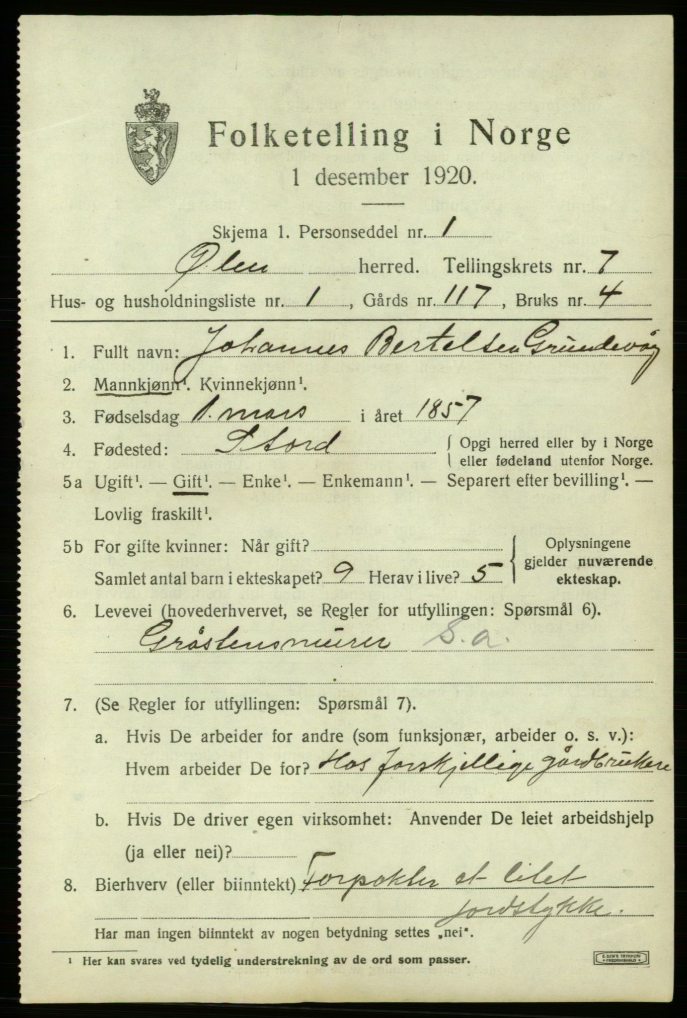 SAB, 1920 census for Ølen, 1920, p. 3157