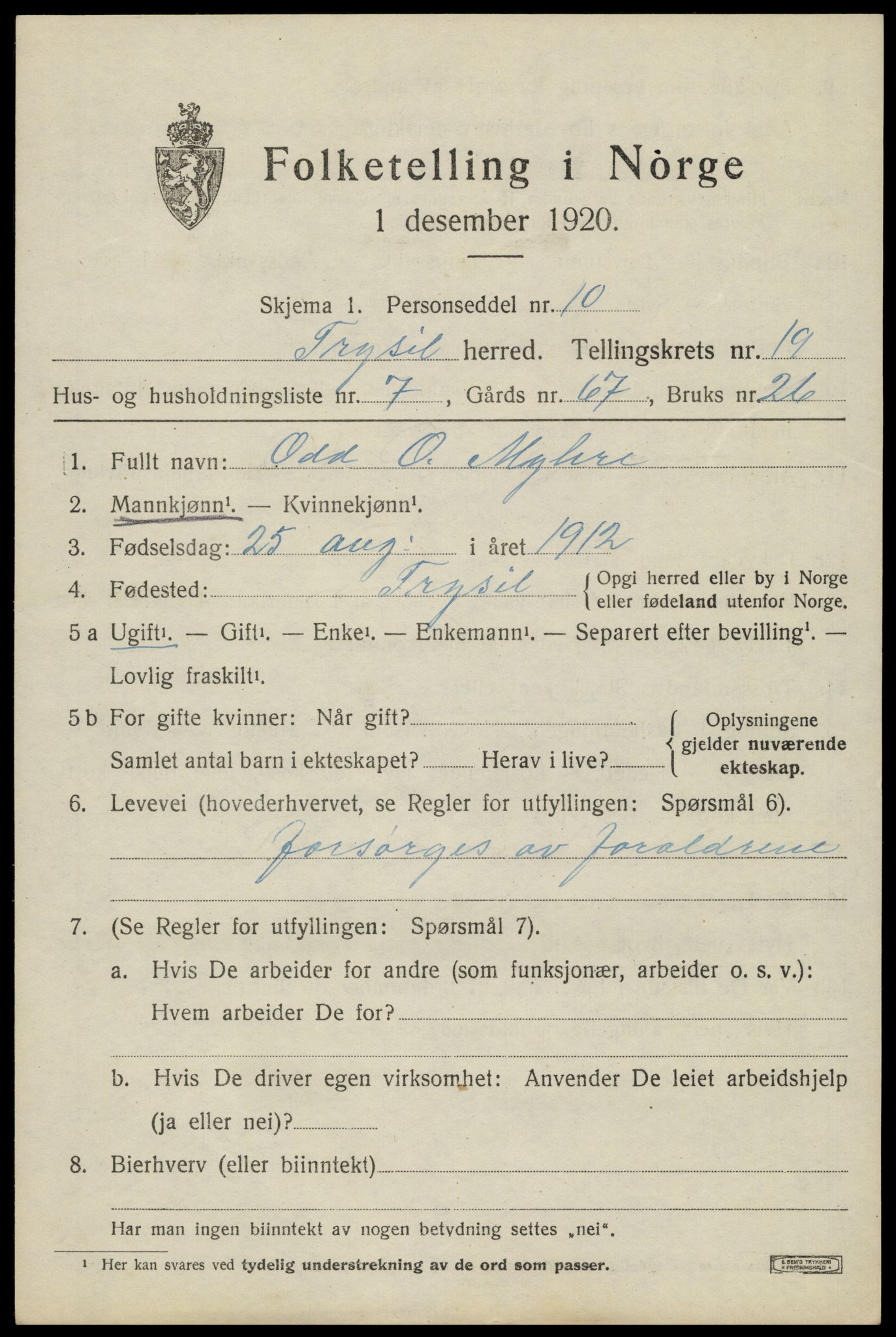 SAH, 1920 census for Trysil, 1920, p. 12811