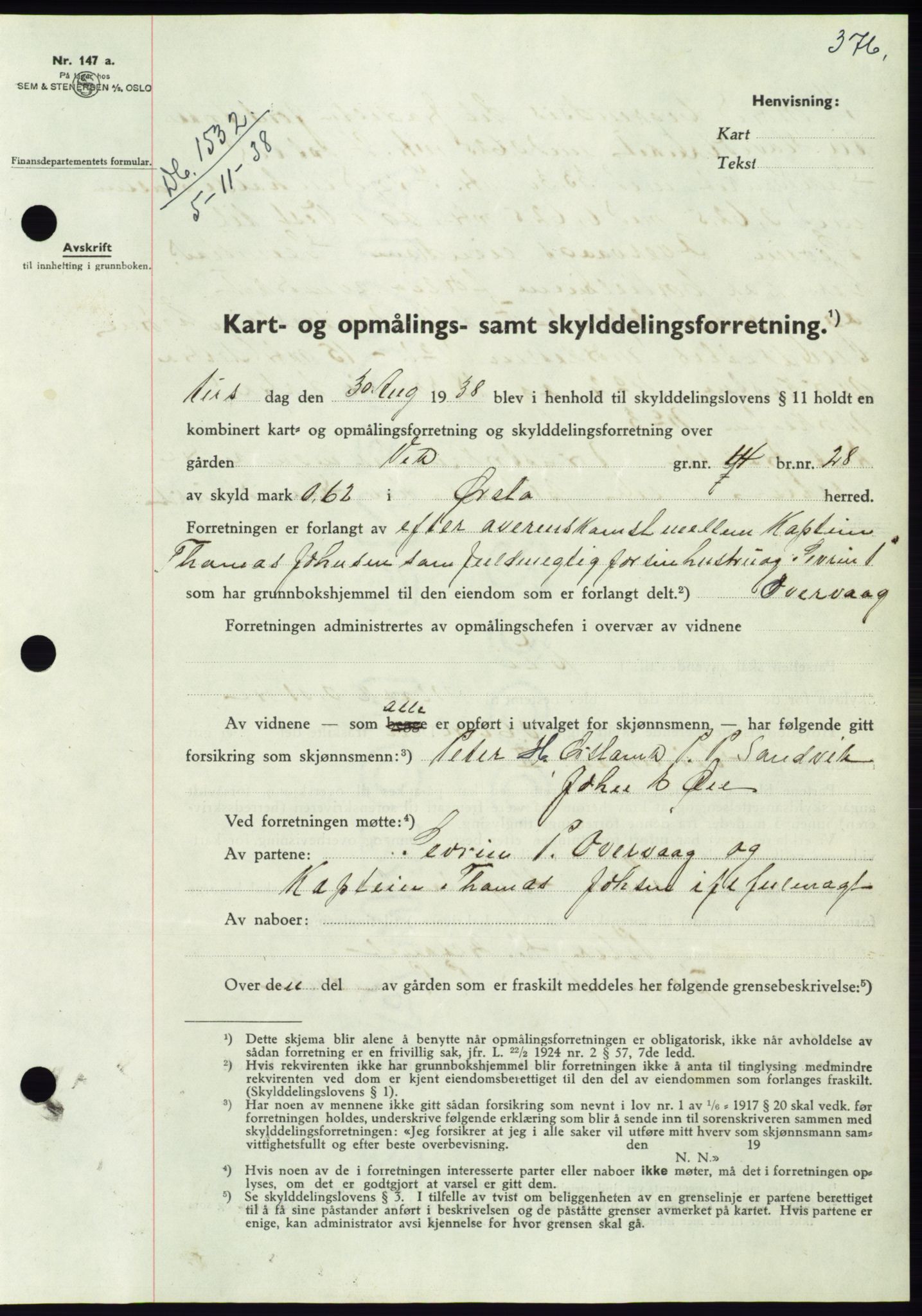 Søre Sunnmøre sorenskriveri, AV/SAT-A-4122/1/2/2C/L0066: Mortgage book no. 60, 1938-1938, Diary no: : 1532/1938