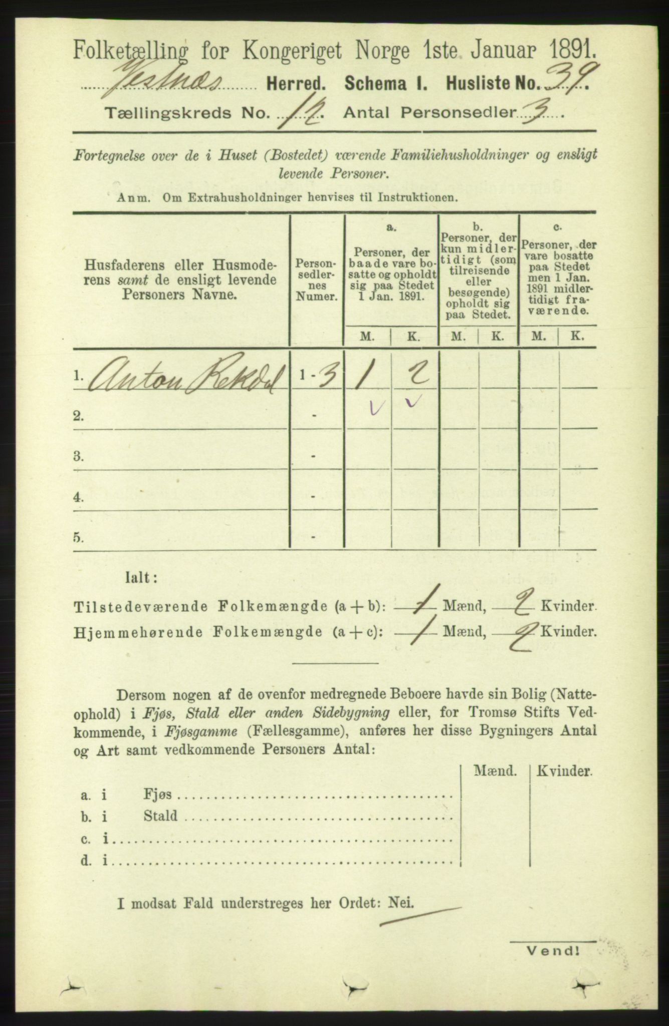 RA, 1891 census for 1535 Vestnes, 1891, p. 4407