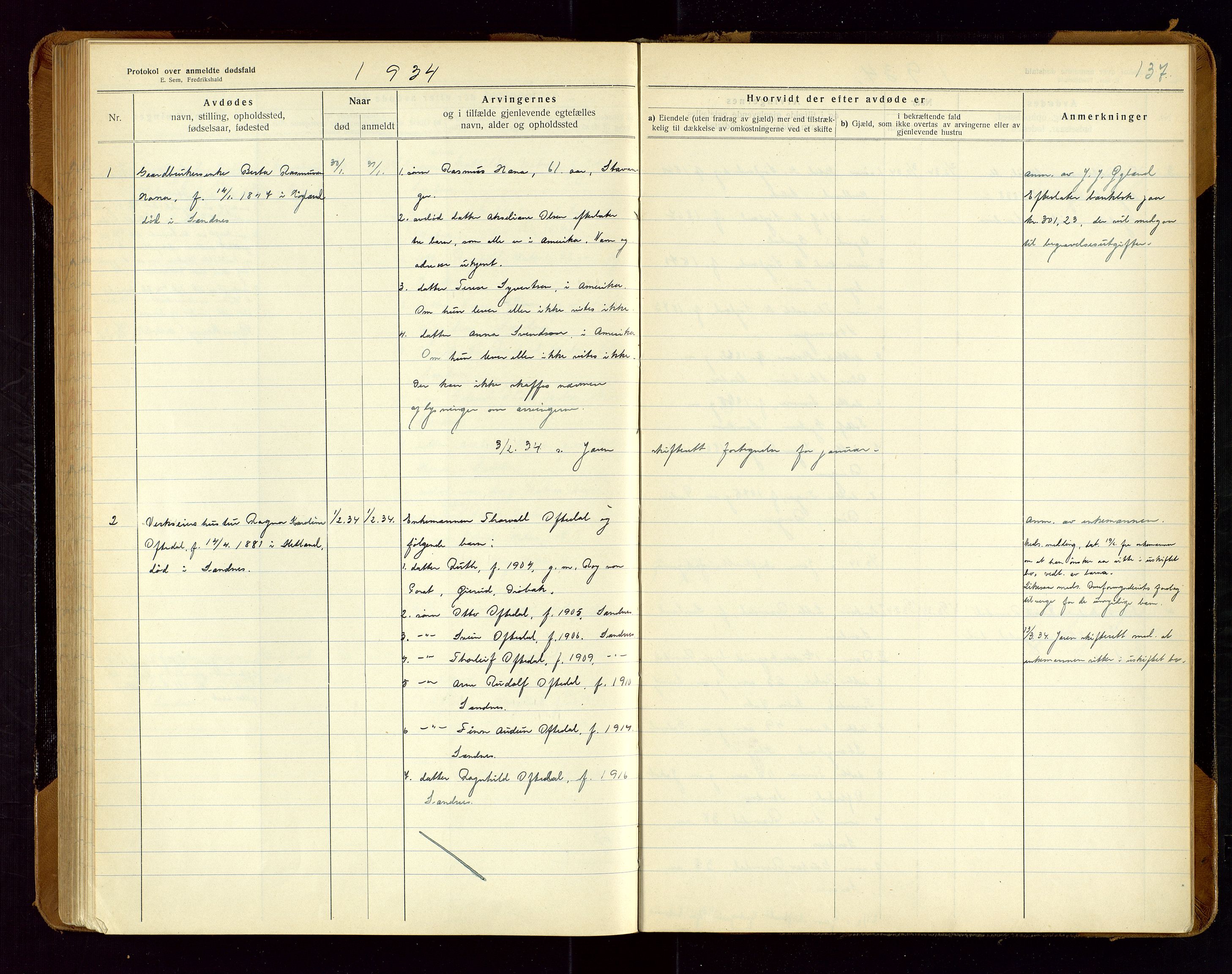 Sandnes lensmannskontor, AV/SAST-A-100167/Gga/L0001: "Protokol over anmeldte dødsfald" m/register, 1918-1940, p. 137