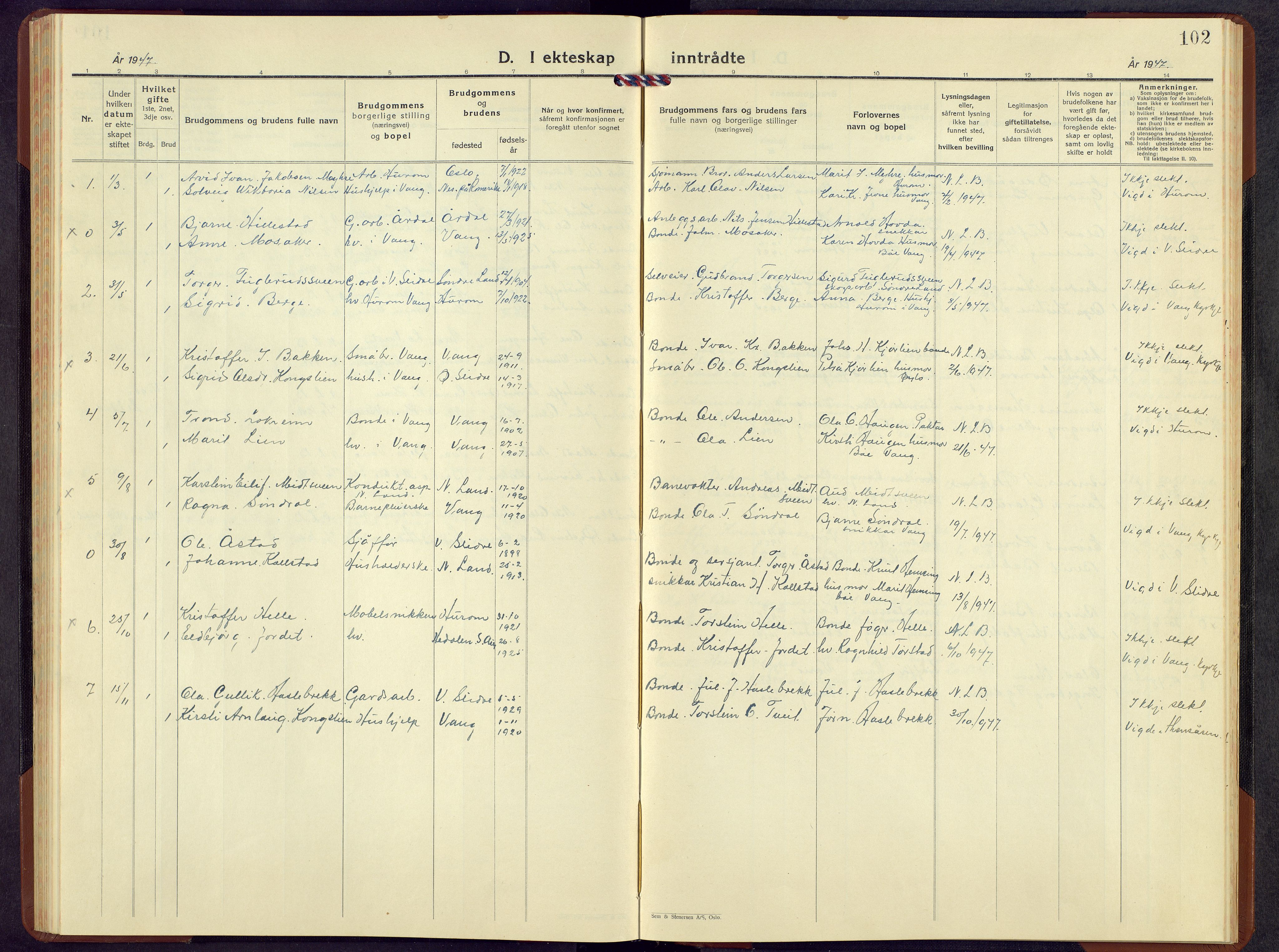 Vang prestekontor, Valdres, AV/SAH-PREST-140/H/Hb/L0009: Parish register (copy) no. 9, 1937-1956, p. 102