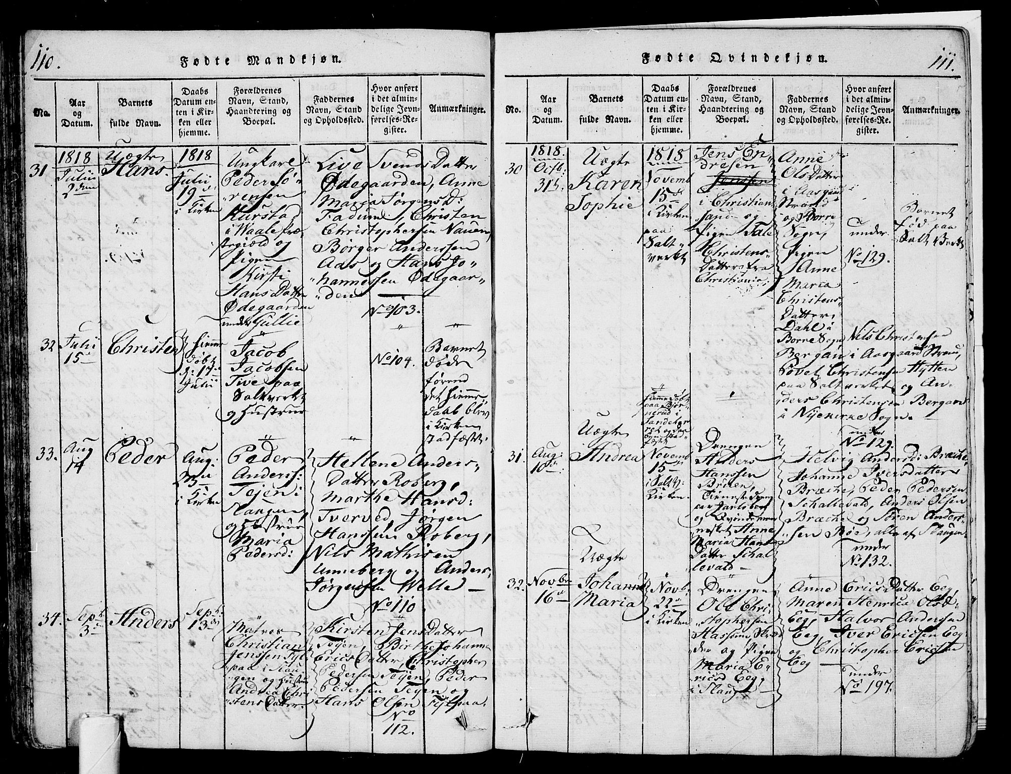 Sem kirkebøker, AV/SAKO-A-5/G/Ga/L0001: Parish register (copy) no. I 1, 1814-1825, p. 110-111