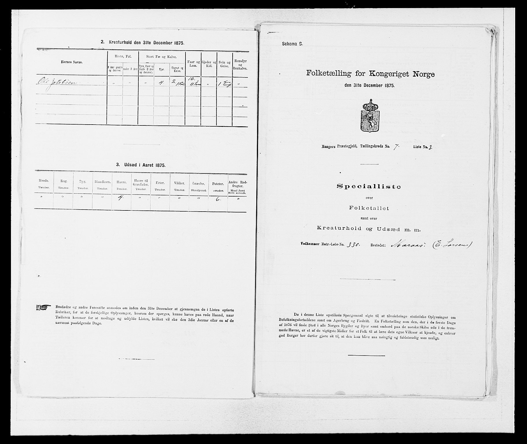 SAB, 1875 census for 1261P Manger, 1875, p. 1014