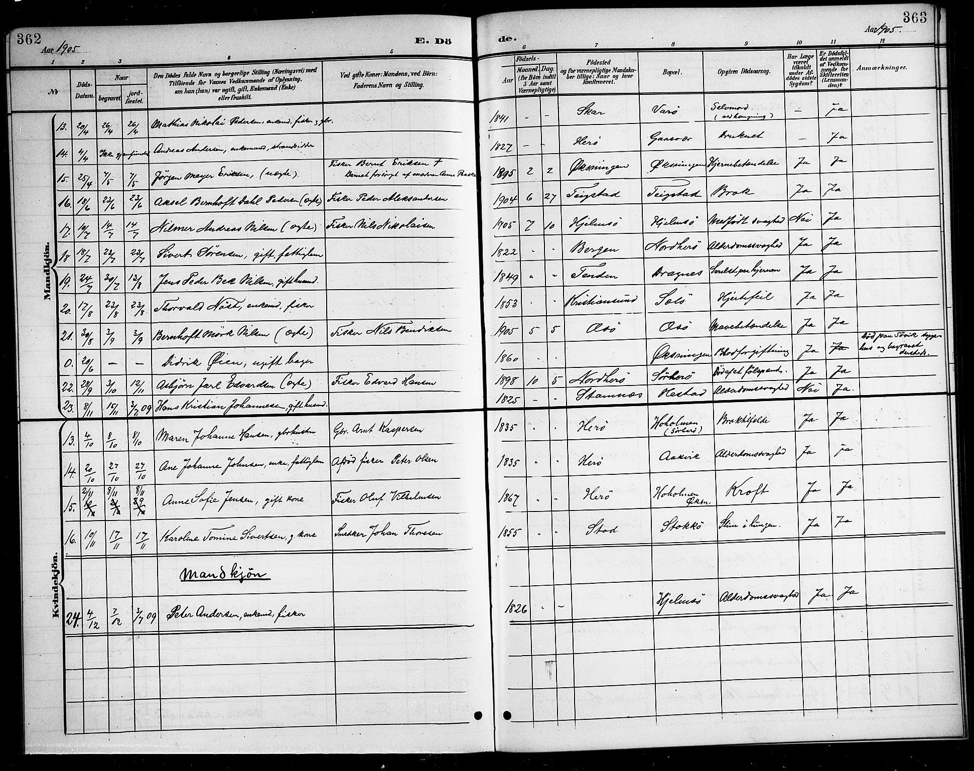 Ministerialprotokoller, klokkerbøker og fødselsregistre - Nordland, AV/SAT-A-1459/834/L0516: Parish register (copy) no. 834C06, 1902-1918, p. 362-363