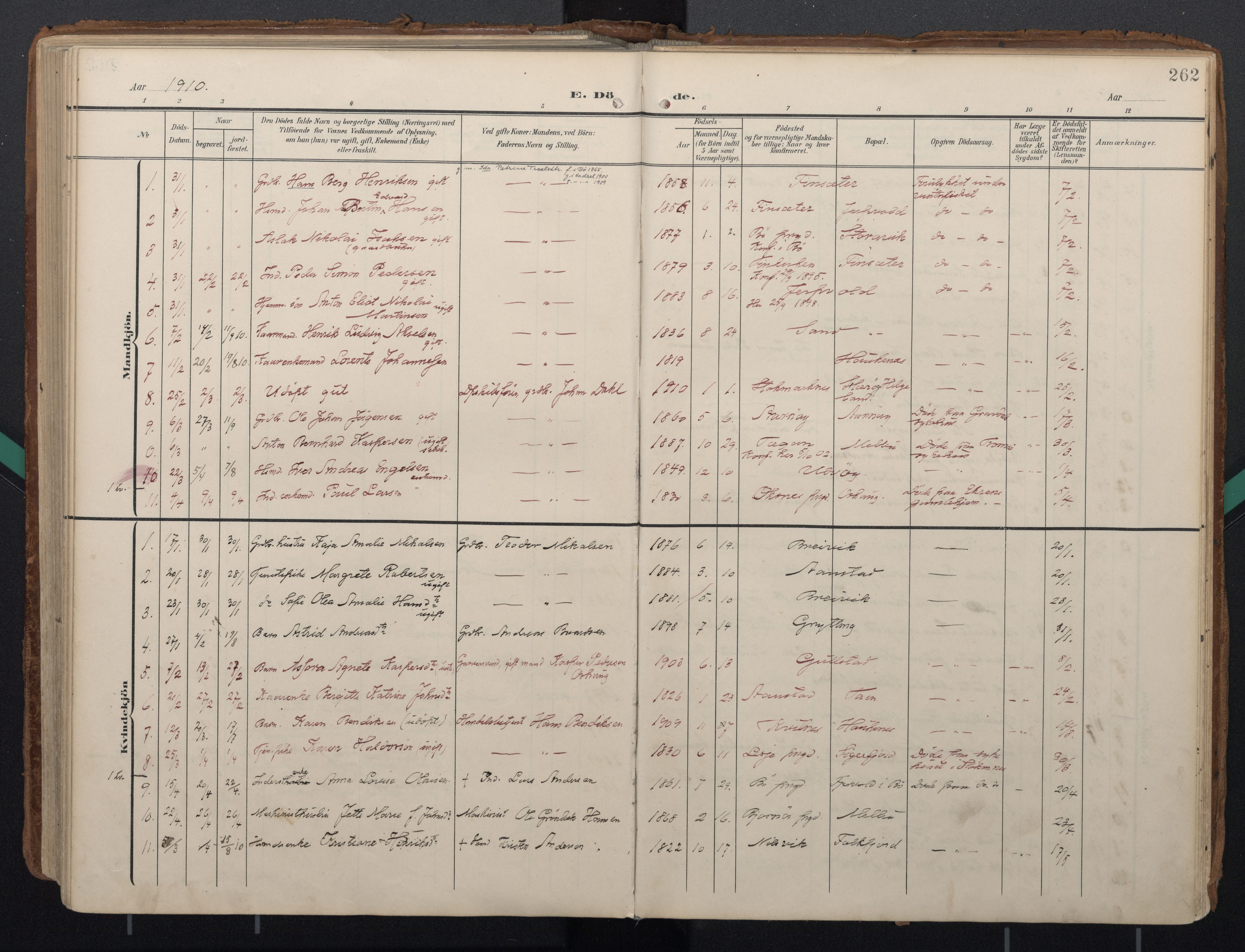 Ministerialprotokoller, klokkerbøker og fødselsregistre - Nordland, AV/SAT-A-1459/888/L1248: Parish register (official) no. 888A14, 1904-1913, p. 262