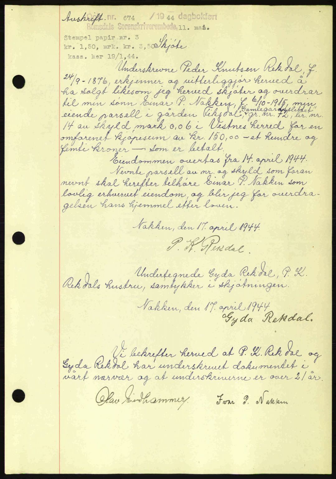 Romsdal sorenskriveri, SAT/A-4149/1/2/2C: Mortgage book no. A16, 1944-1944, Diary no: : 674/1944
