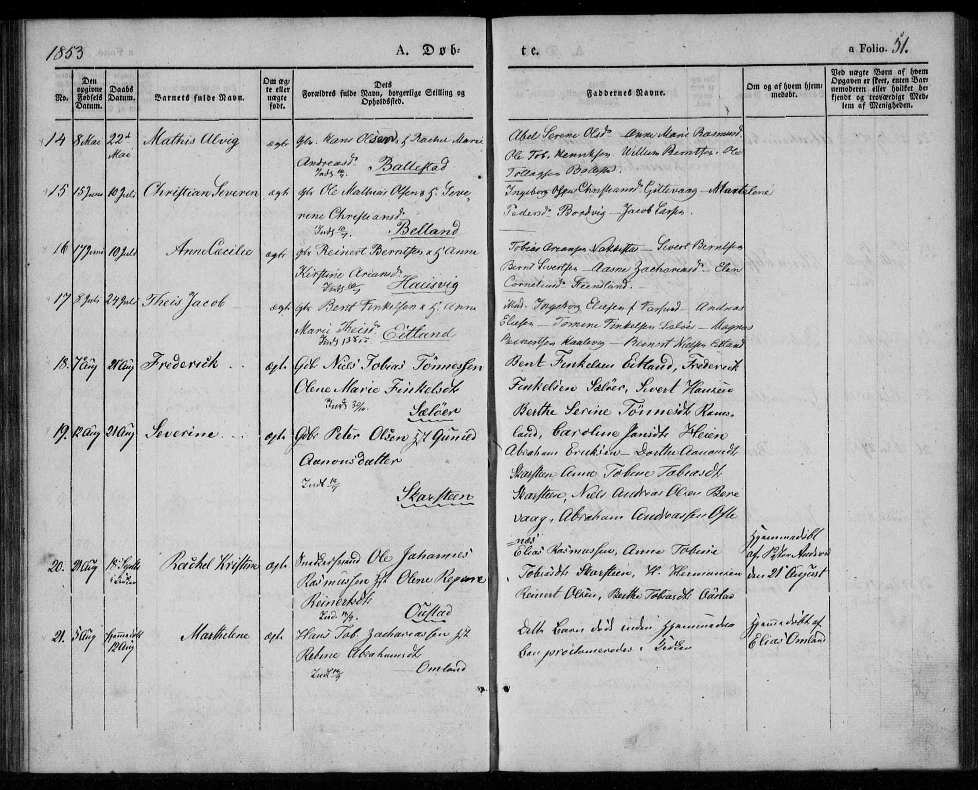 Lyngdal sokneprestkontor, SAK/1111-0029/F/Fa/Faa/L0001: Parish register (official) no. A 1, 1837-1857, p. 51