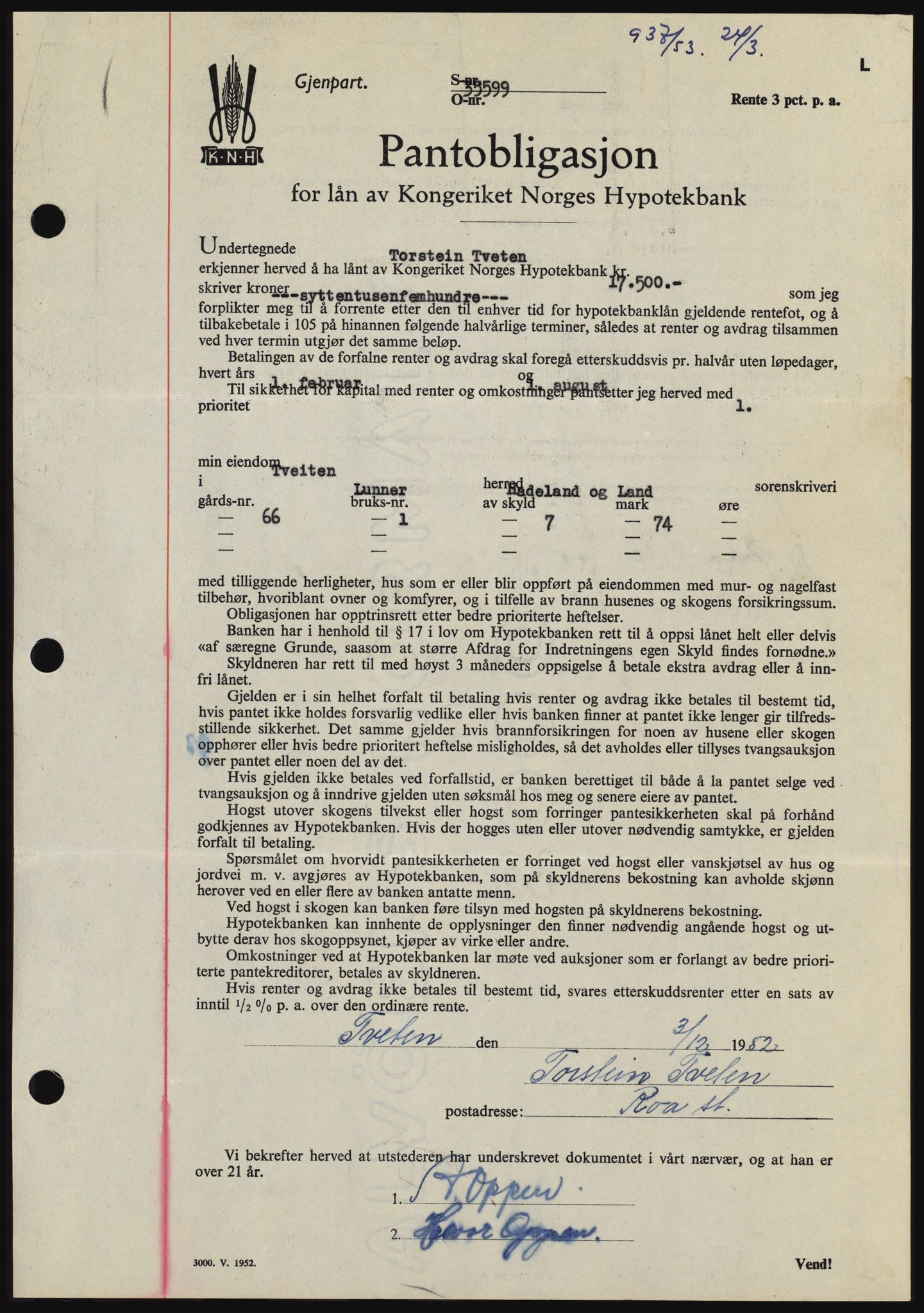 Hadeland og Land tingrett, AV/SAH-TING-010/H/Hb/Hbc/L0026: Mortgage book no. B26, 1953-1953, Diary no: : 937/1953