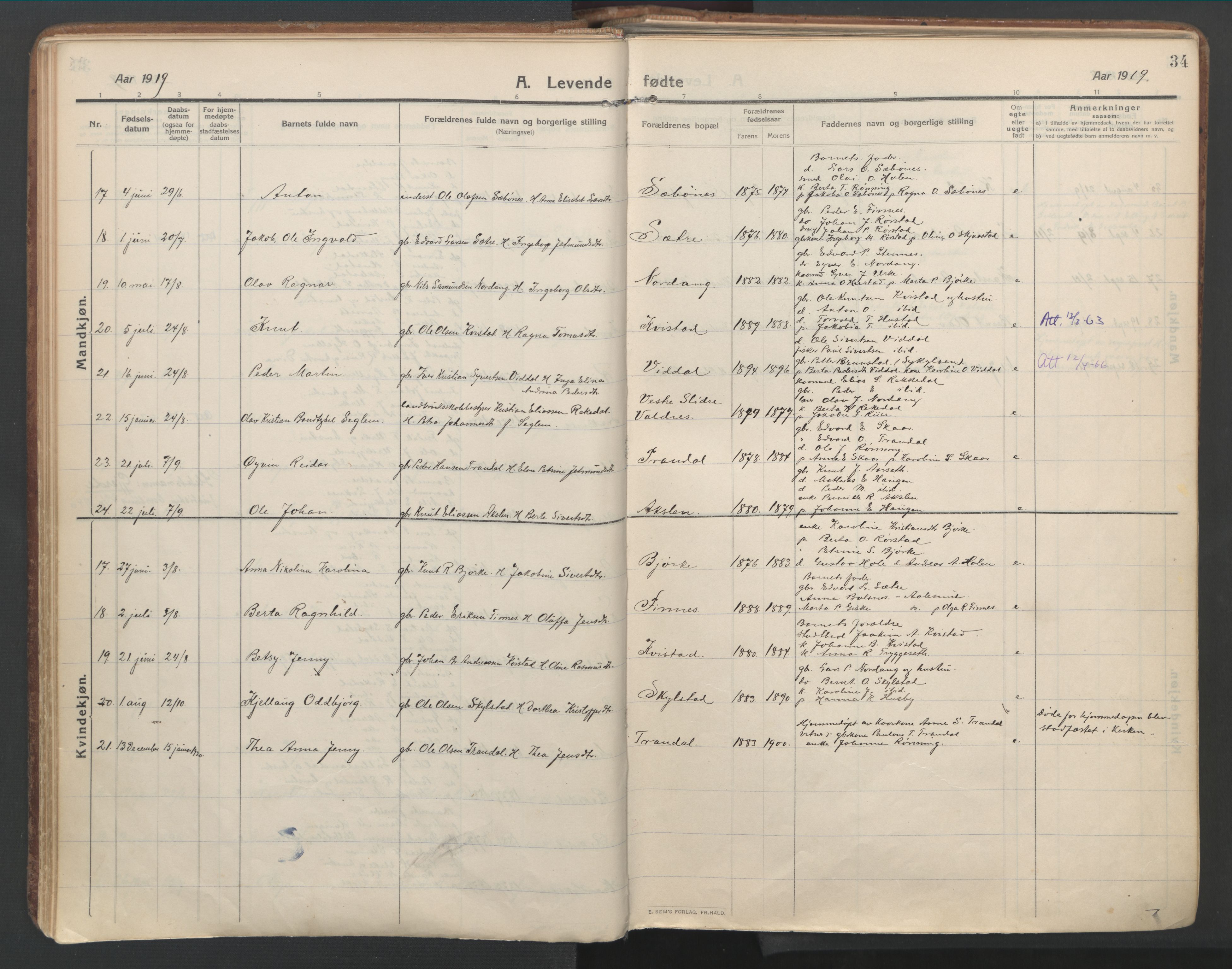 Ministerialprotokoller, klokkerbøker og fødselsregistre - Møre og Romsdal, SAT/A-1454/515/L0212: Parish register (official) no. 515A08, 1911-1935, p. 34